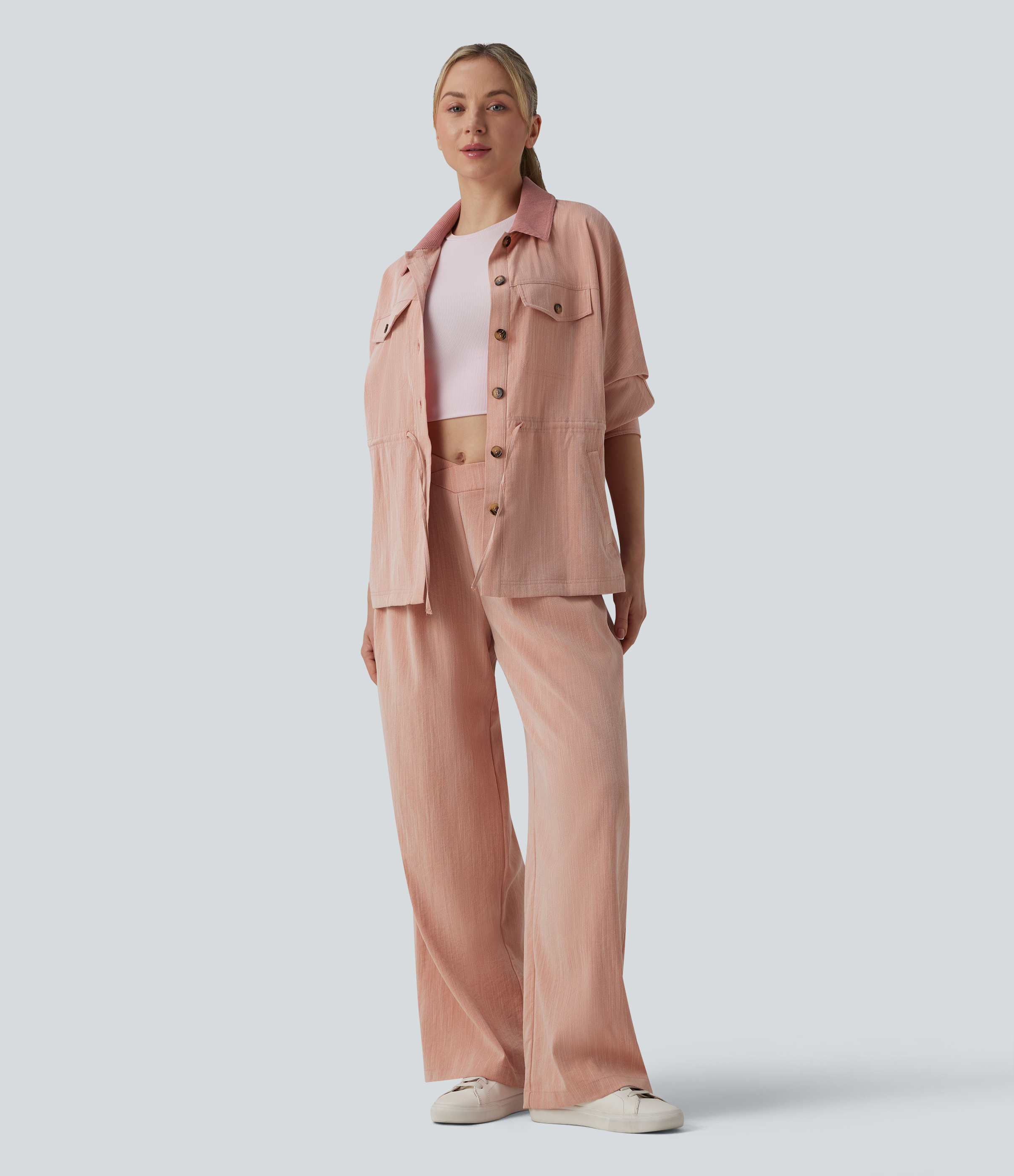 Long Sleeve Drawstring Casual Linen-Feel Jacket with Pockets