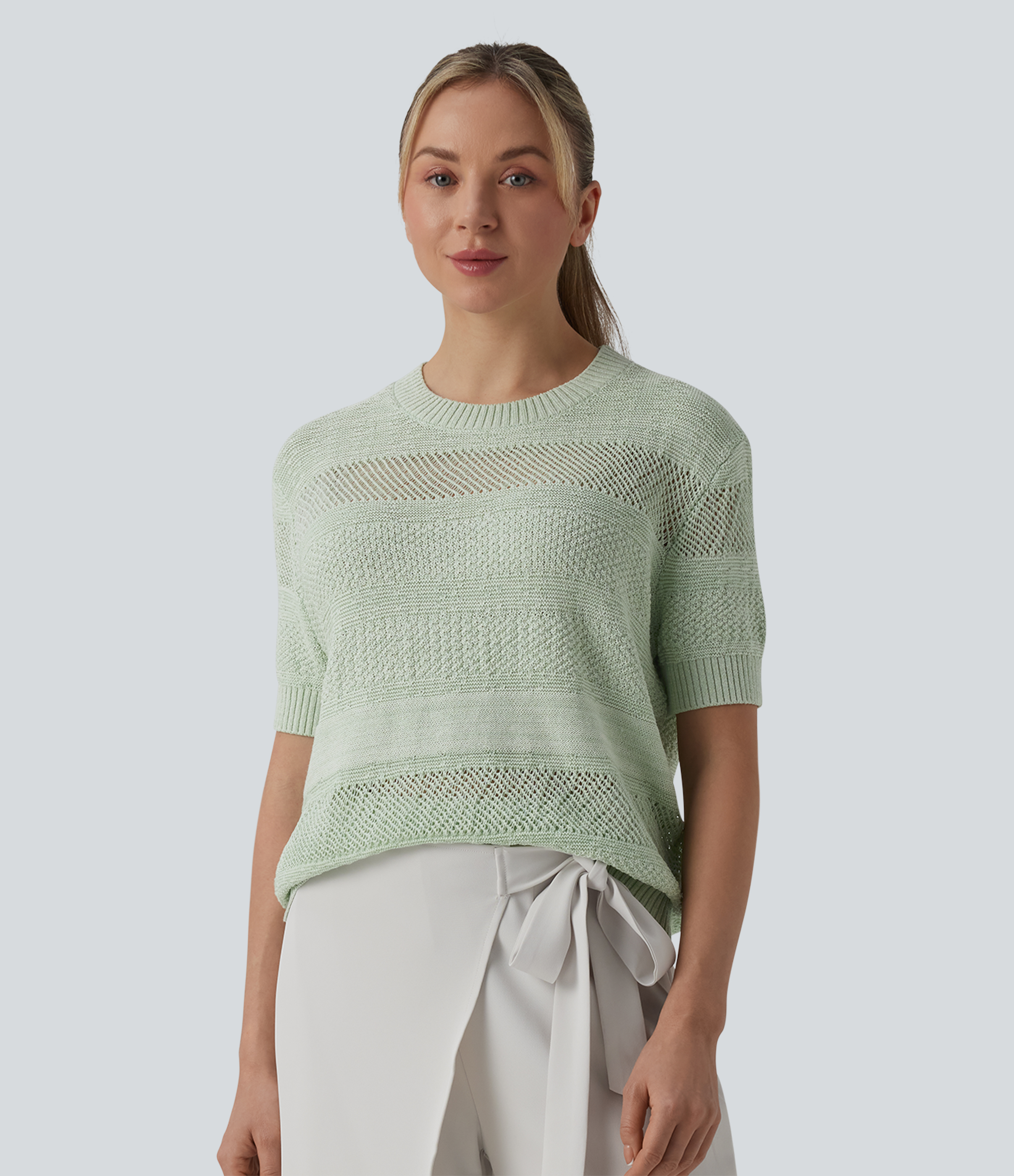 Round Neck Short Sleeve Crochet Work Sweater