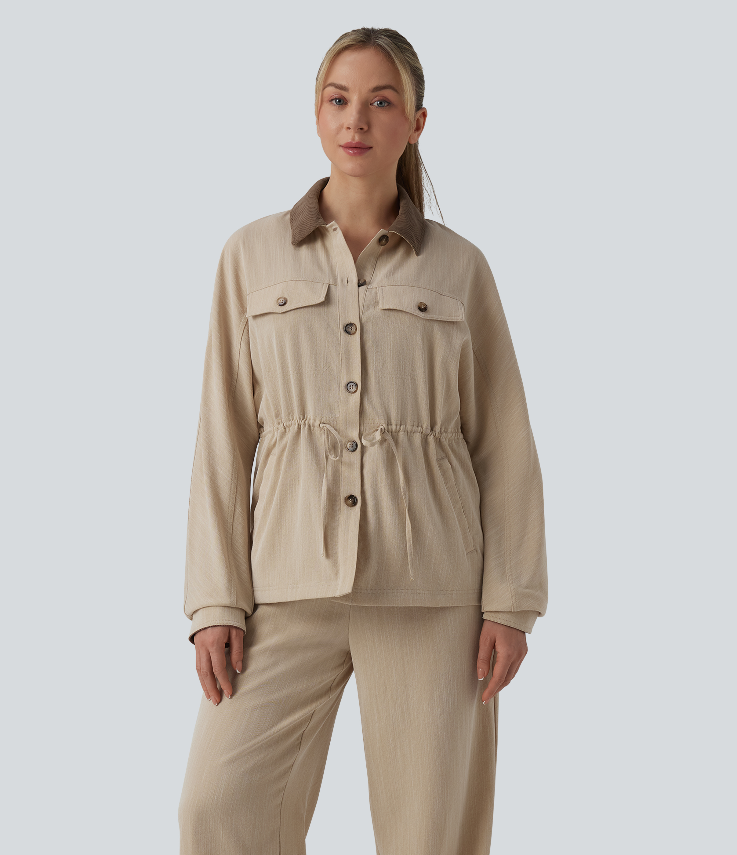 Veste casual manches longues aspect lin à cordon de serrage avec poches