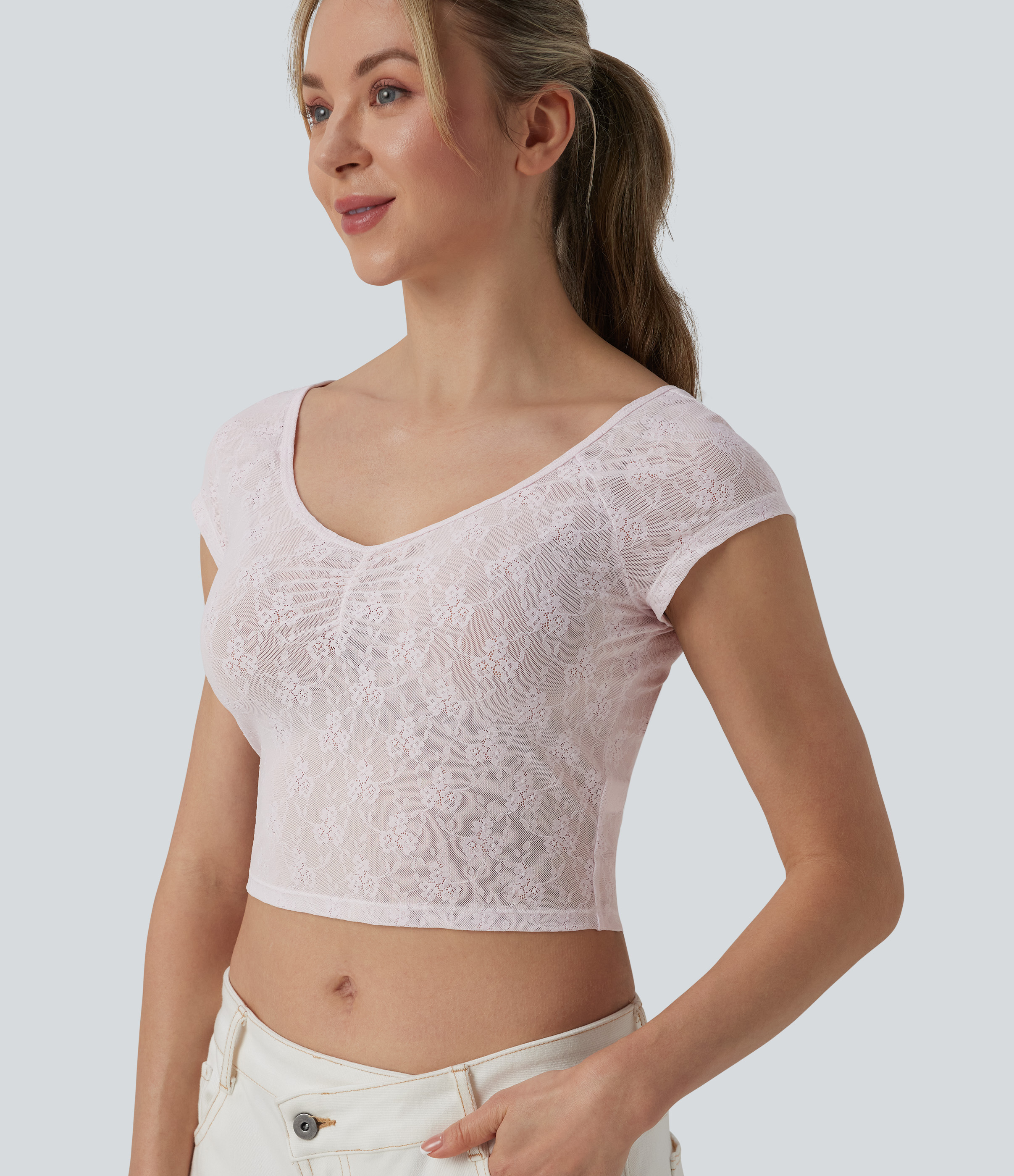 Sweetheart Neck Short Sleeve Lace Cropped Casual T-Shirt