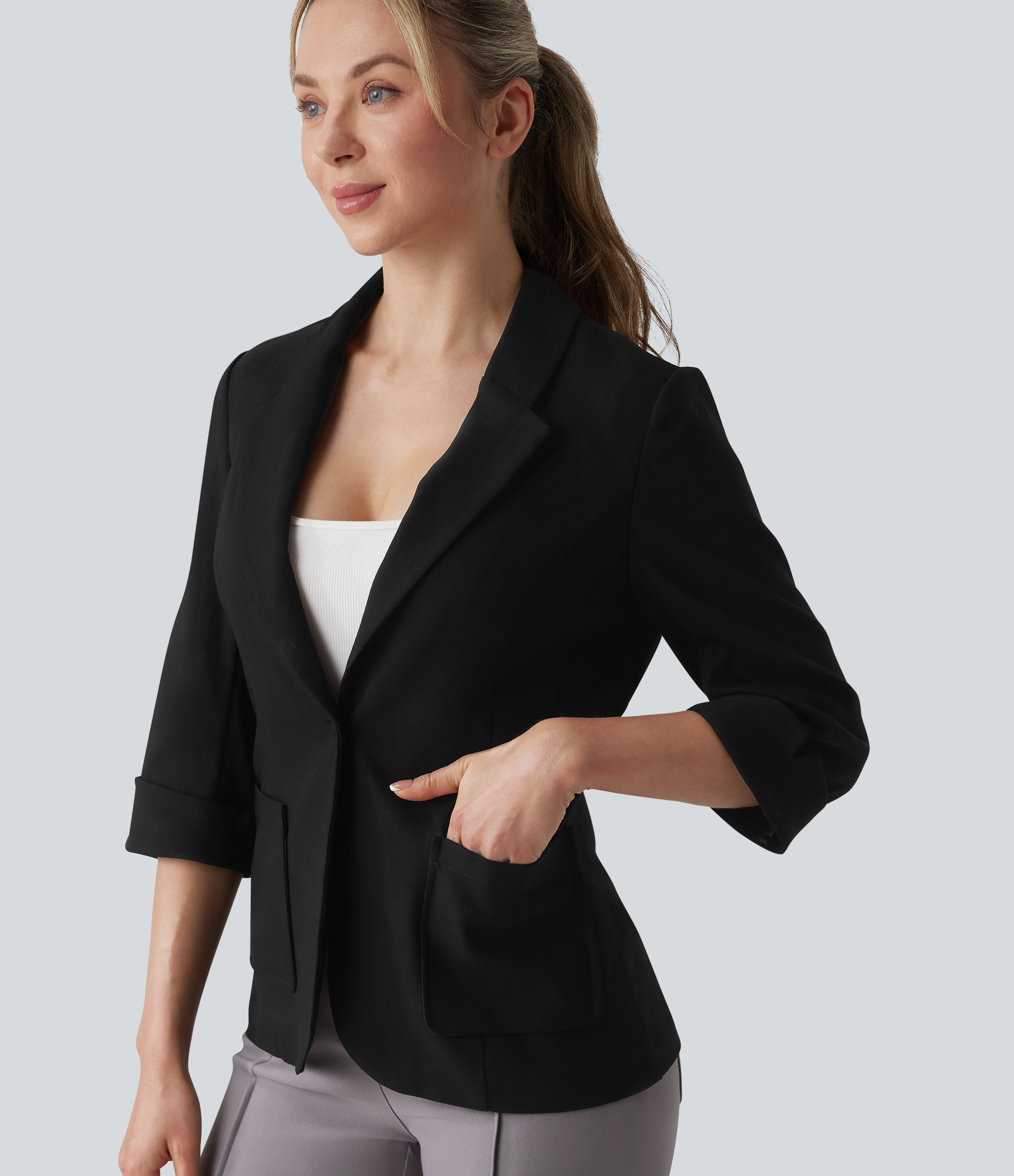Shawl Collar 3/4 Sleeve Work Blazer with Pockets