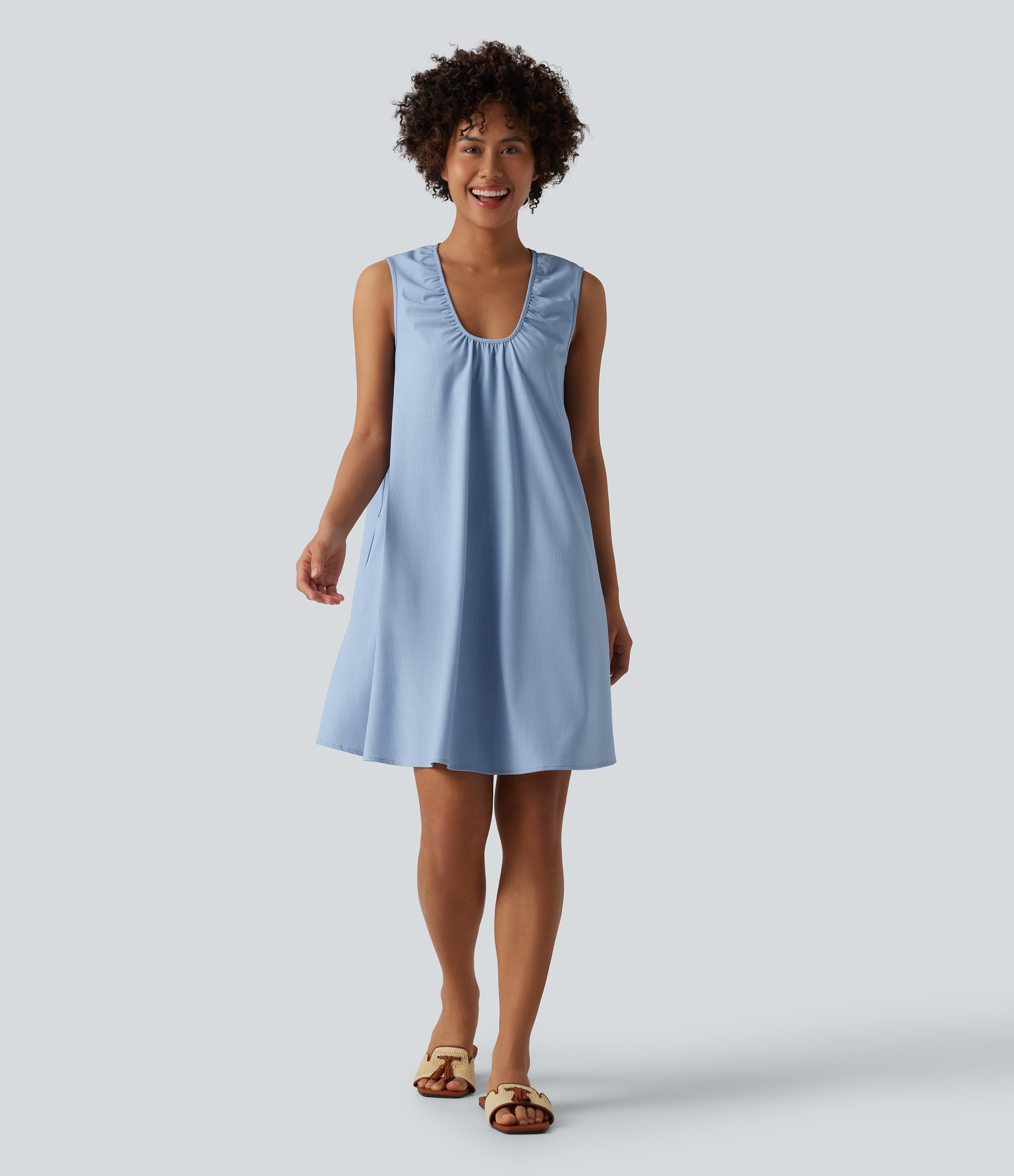 Robe mini resort col U sans manches aspect jean avec poches