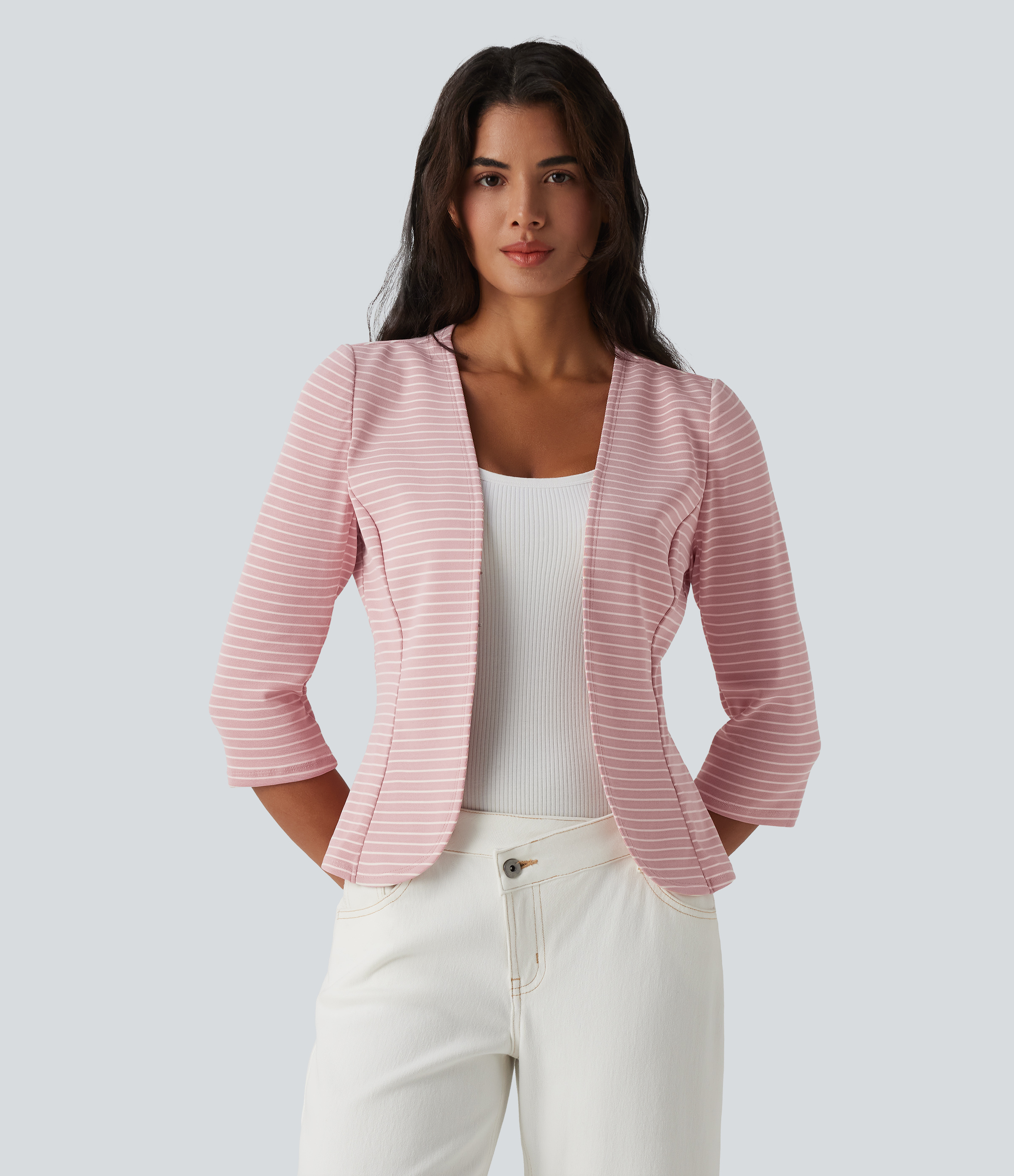 Blazer casual ouvert col V manches 3/4 à rayures en maille côtelée