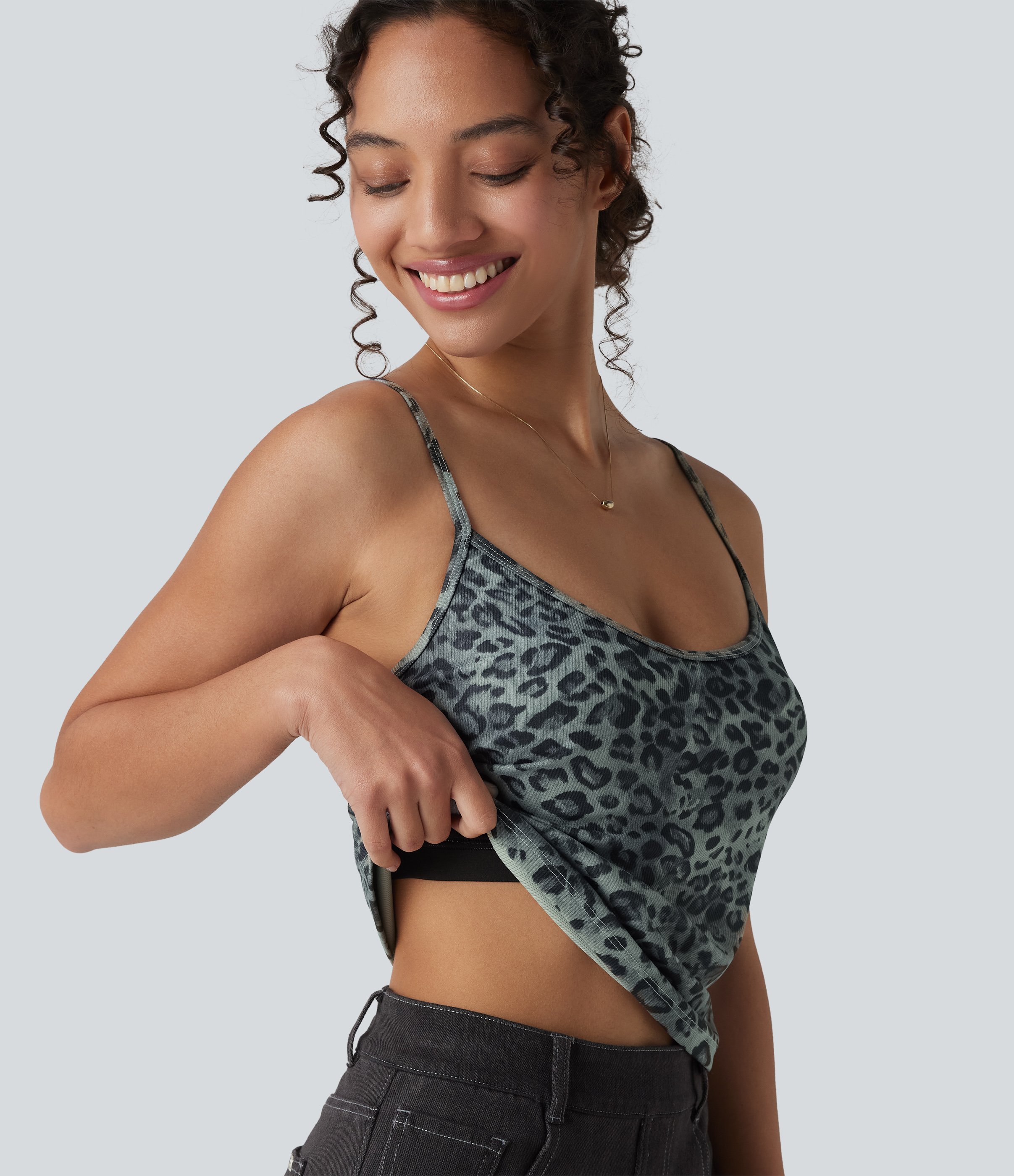 Ribbed Knit Leopard Print Casual Tank Top