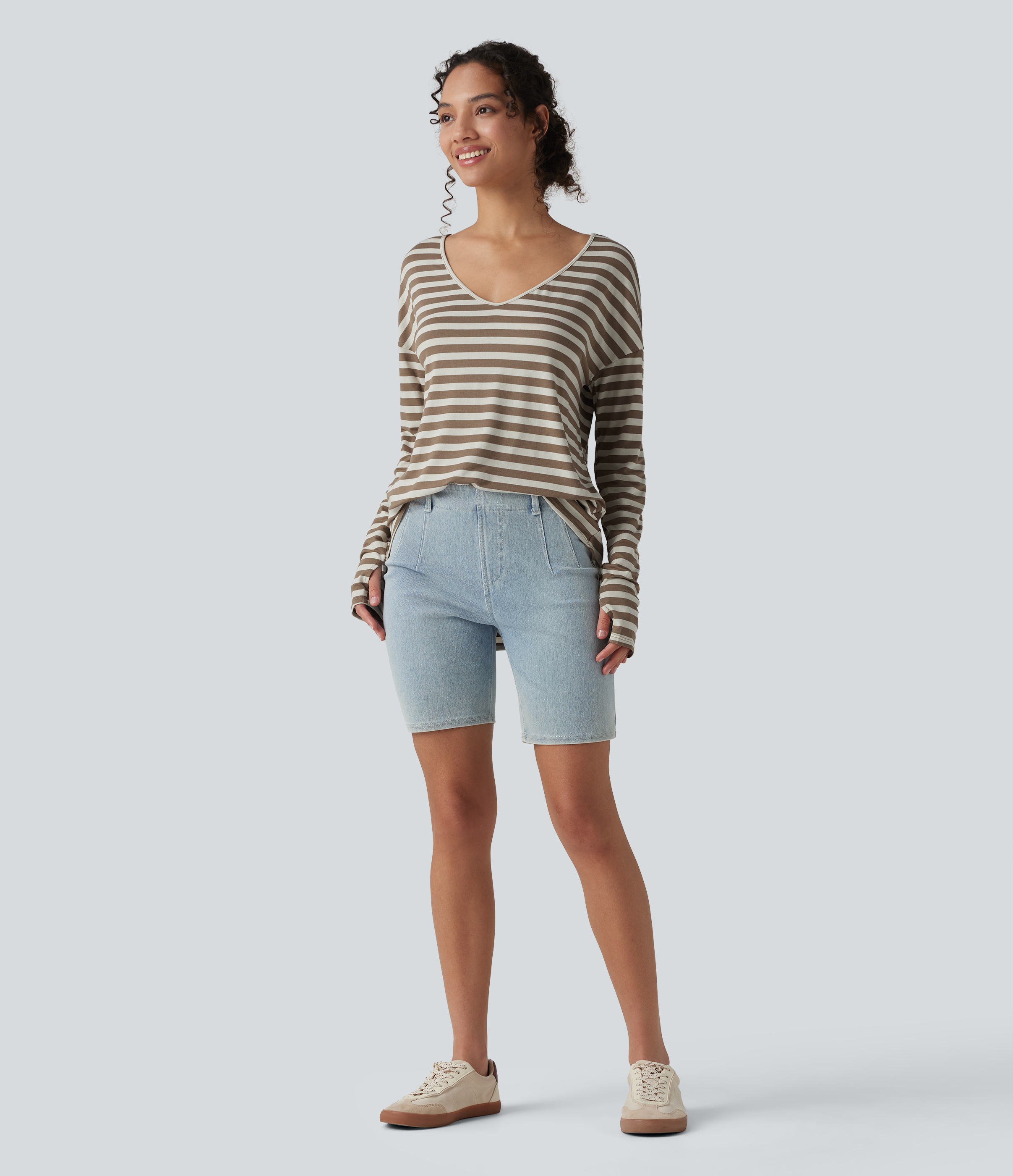 Women's Deep V-neck Long Sleeve Thumb Holes Stripes Relaxed T