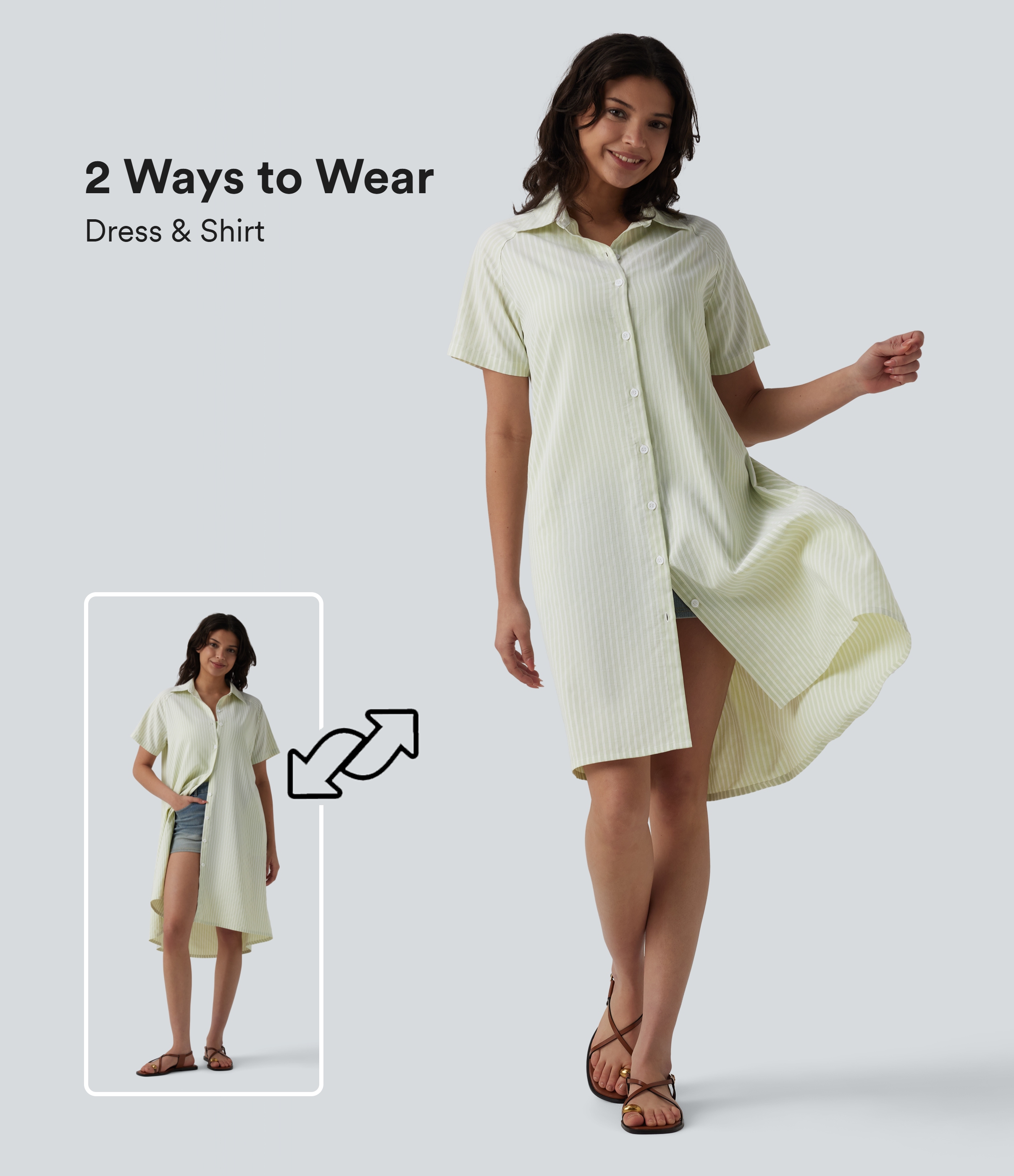 Lässiges Hemdkleid mit Kragen, Seitentaschen, kurzen Ärmeln und Streifen
