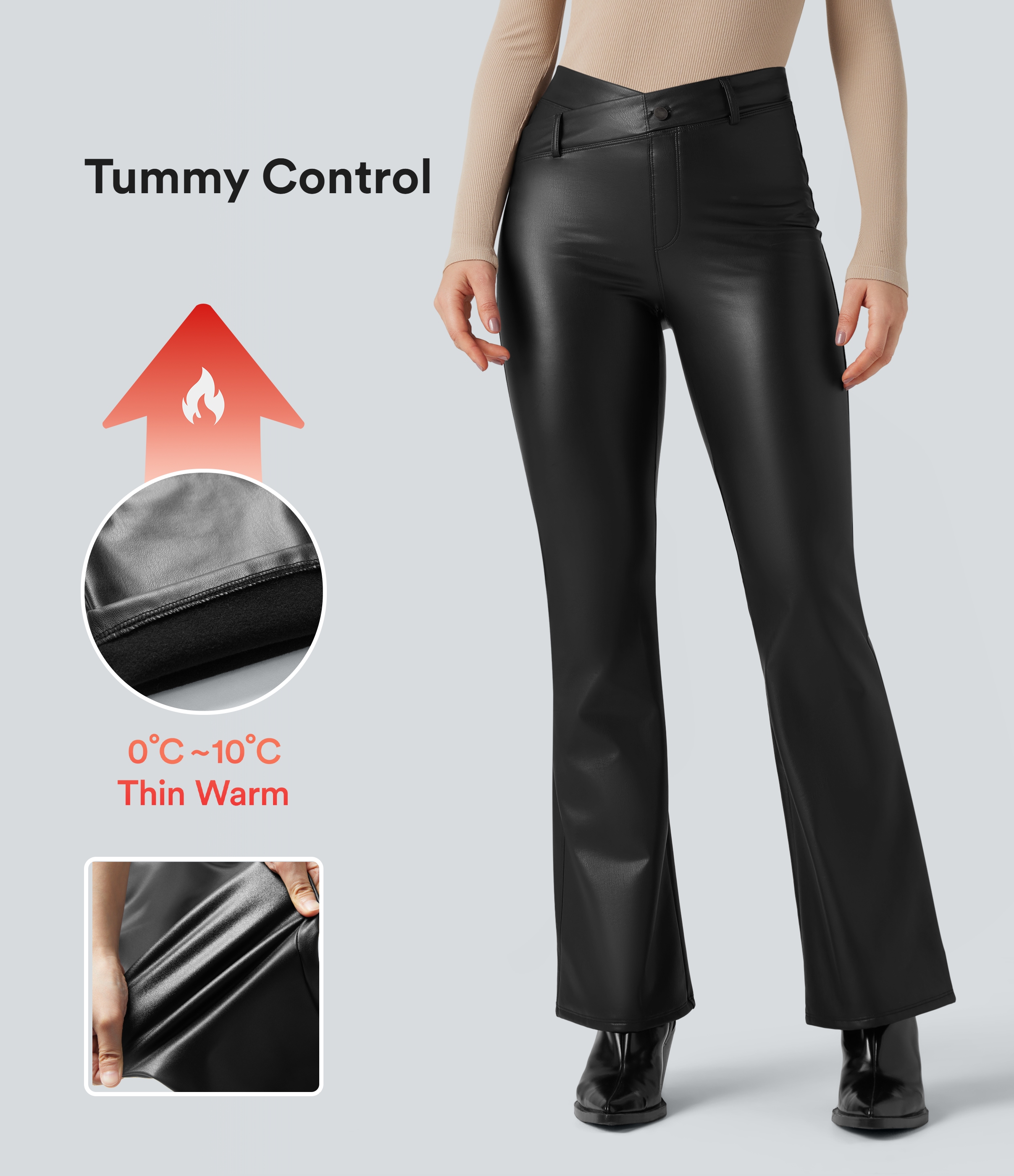 Asymmetric High Waisted Tummy Control Stretchy PU Fleece Casual Flare Pants with Pockets