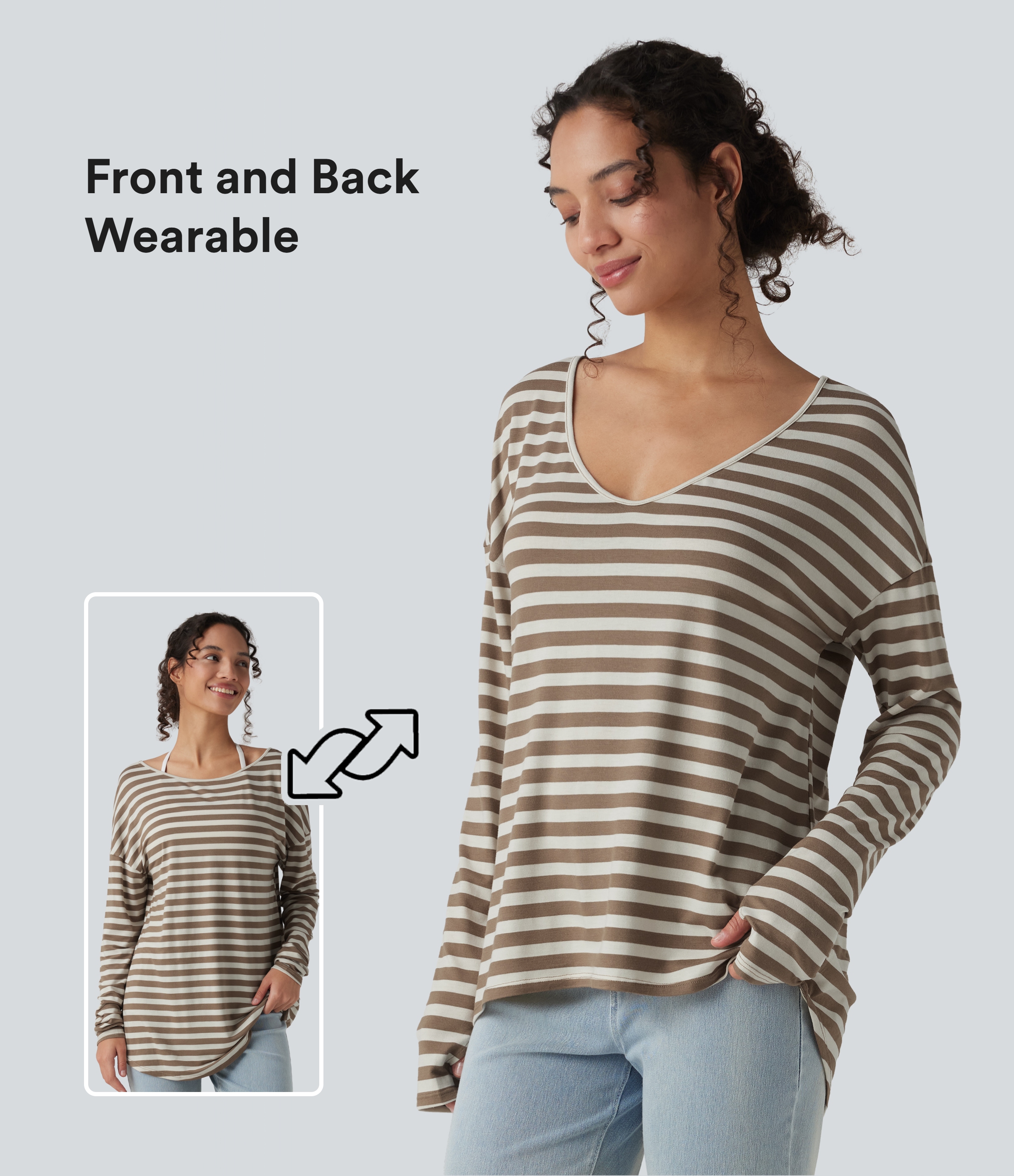 Deep V-neck Long Sleeve Thumb Holes Stripes Relaxed T-Shirt-Front and Back Wearable