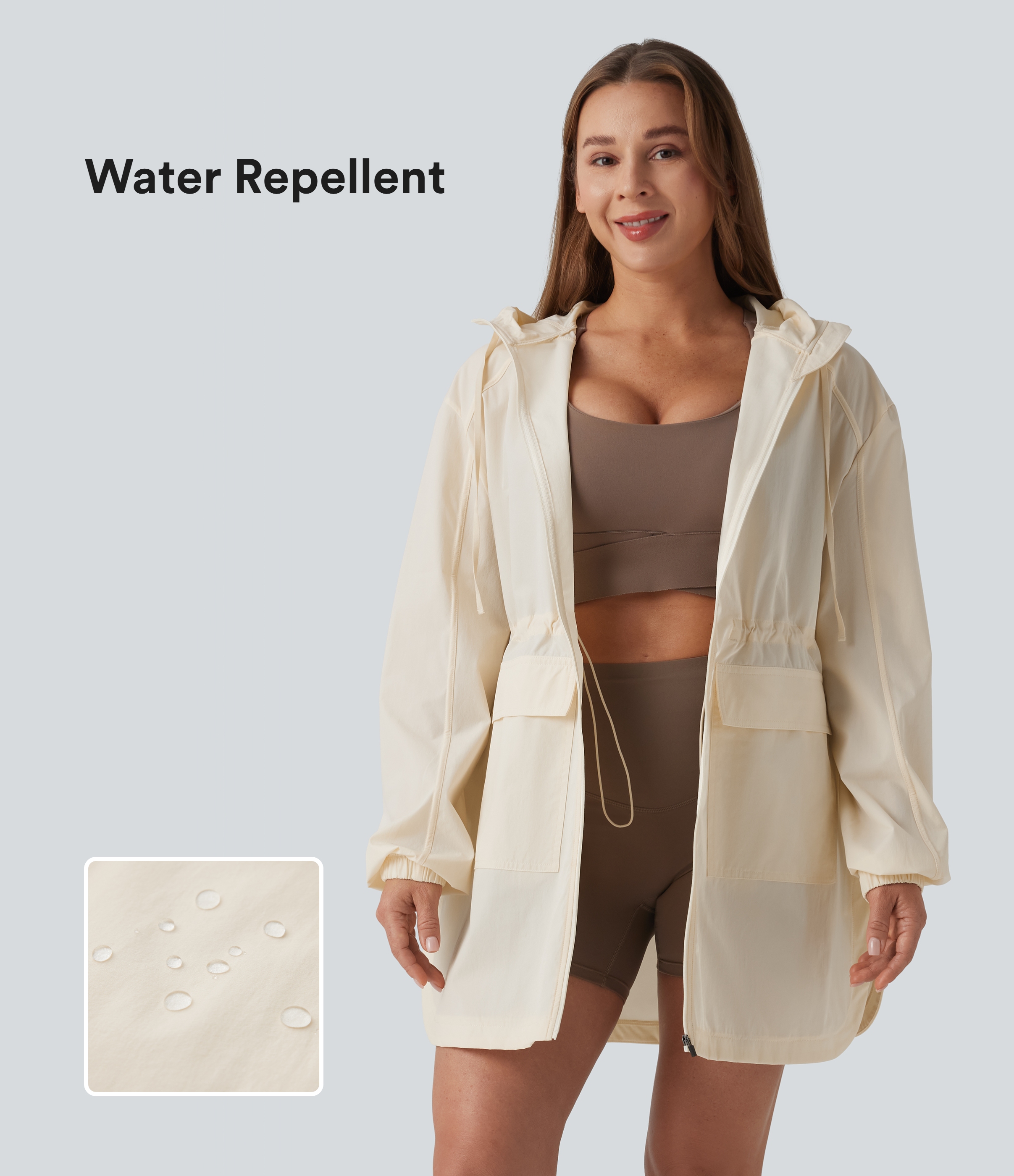 Wander-Cargo-Jacke mit Kapuze, Klapptaschen, Kordelzug und abgerundetem Saum - wasserabweisend, strapazierfähig