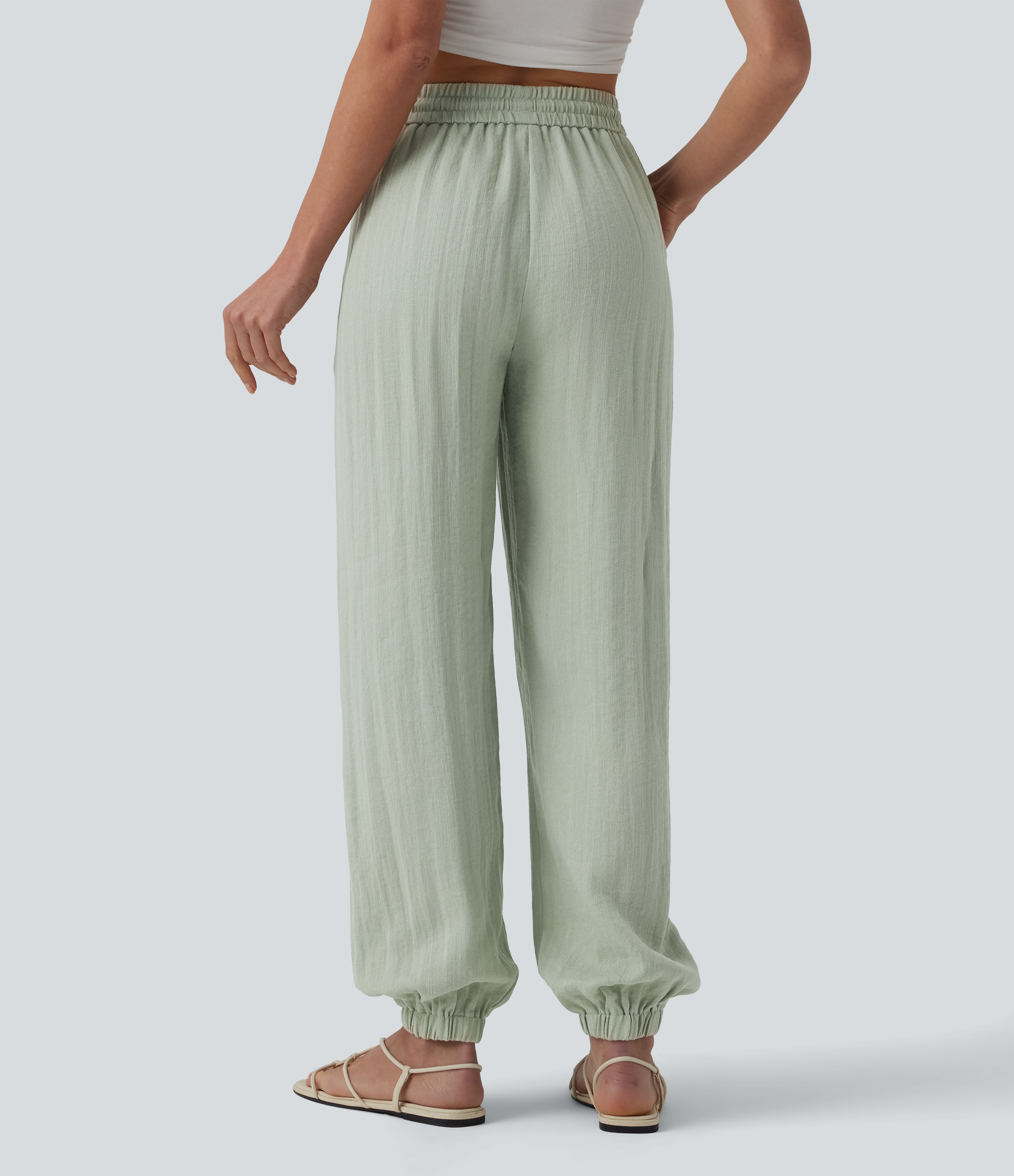 Pale Aqua High Waisted Drawstring Wide Leg Casual Linen-Feel Joggers with Pockets / 2