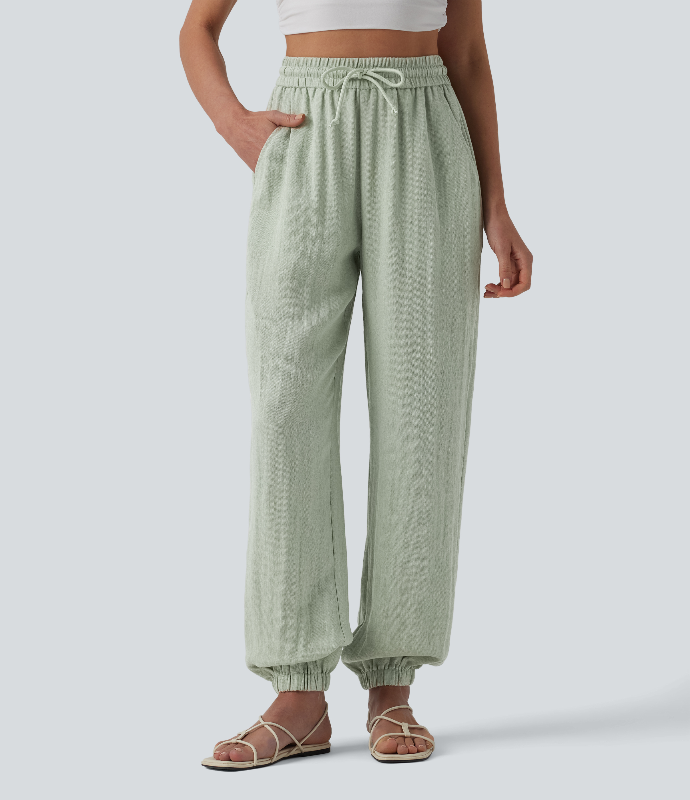 High Waisted Drawstring Wide Leg Casual Linen-Feel Joggers with Pockets
