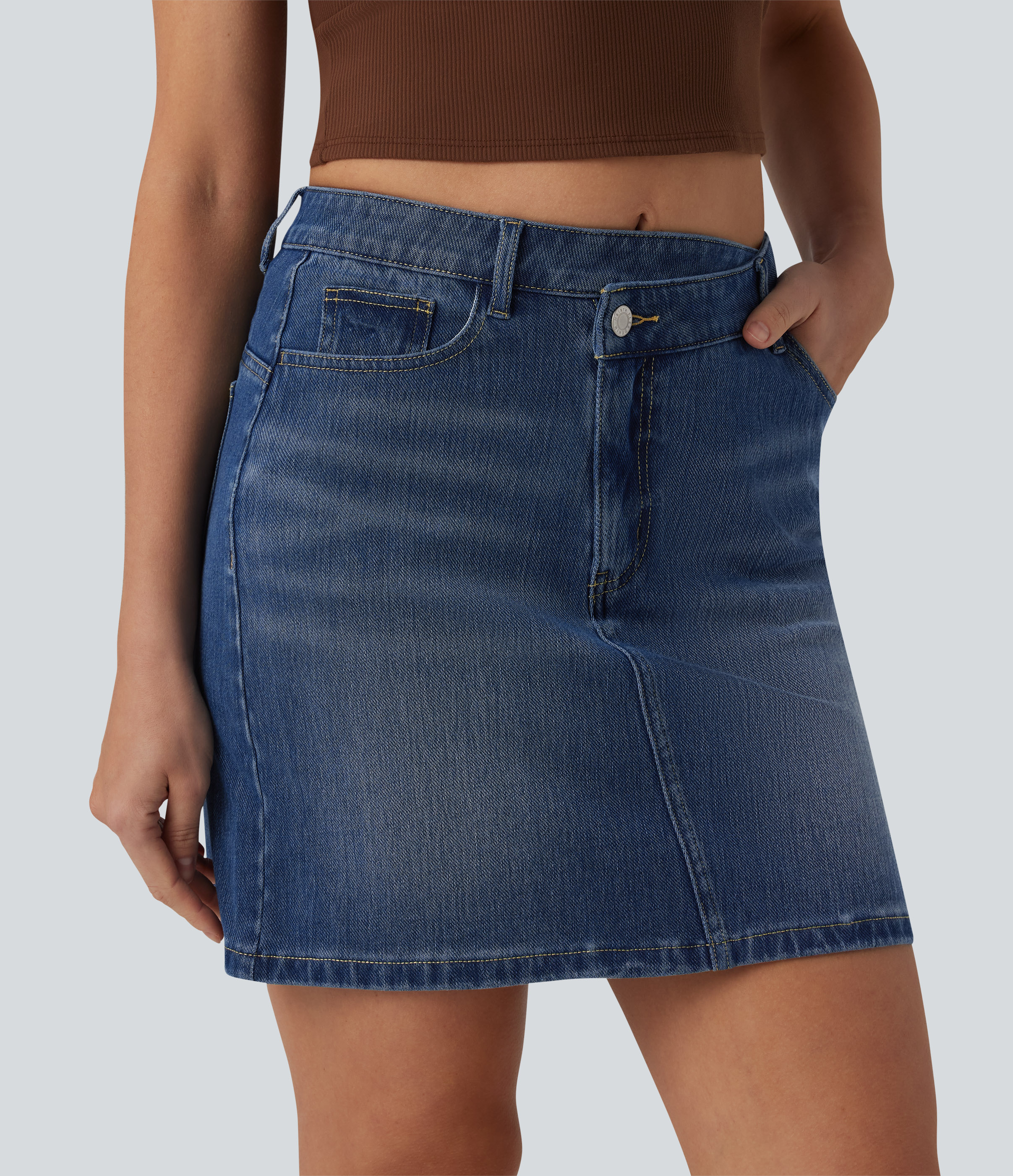 Halara Flex™ - Casual denim mini skirt with mid-high crossover waistband and multiple pockets