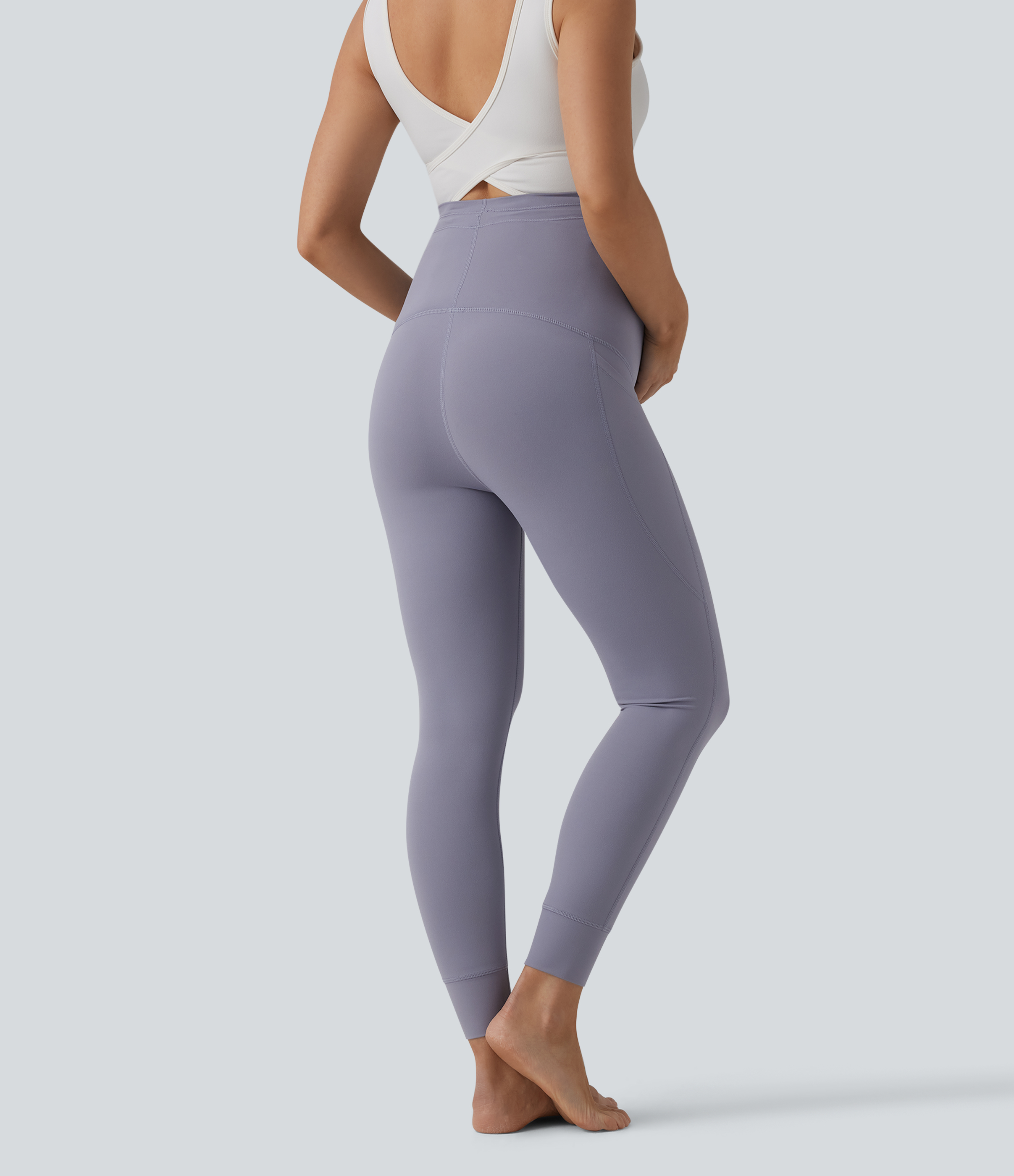 Falling Gray Purple Halara UltraSculpt™ Ultra High-Waist Drawstring Plain 7/8 Yoga Maternity Leggings with Pockets / 2