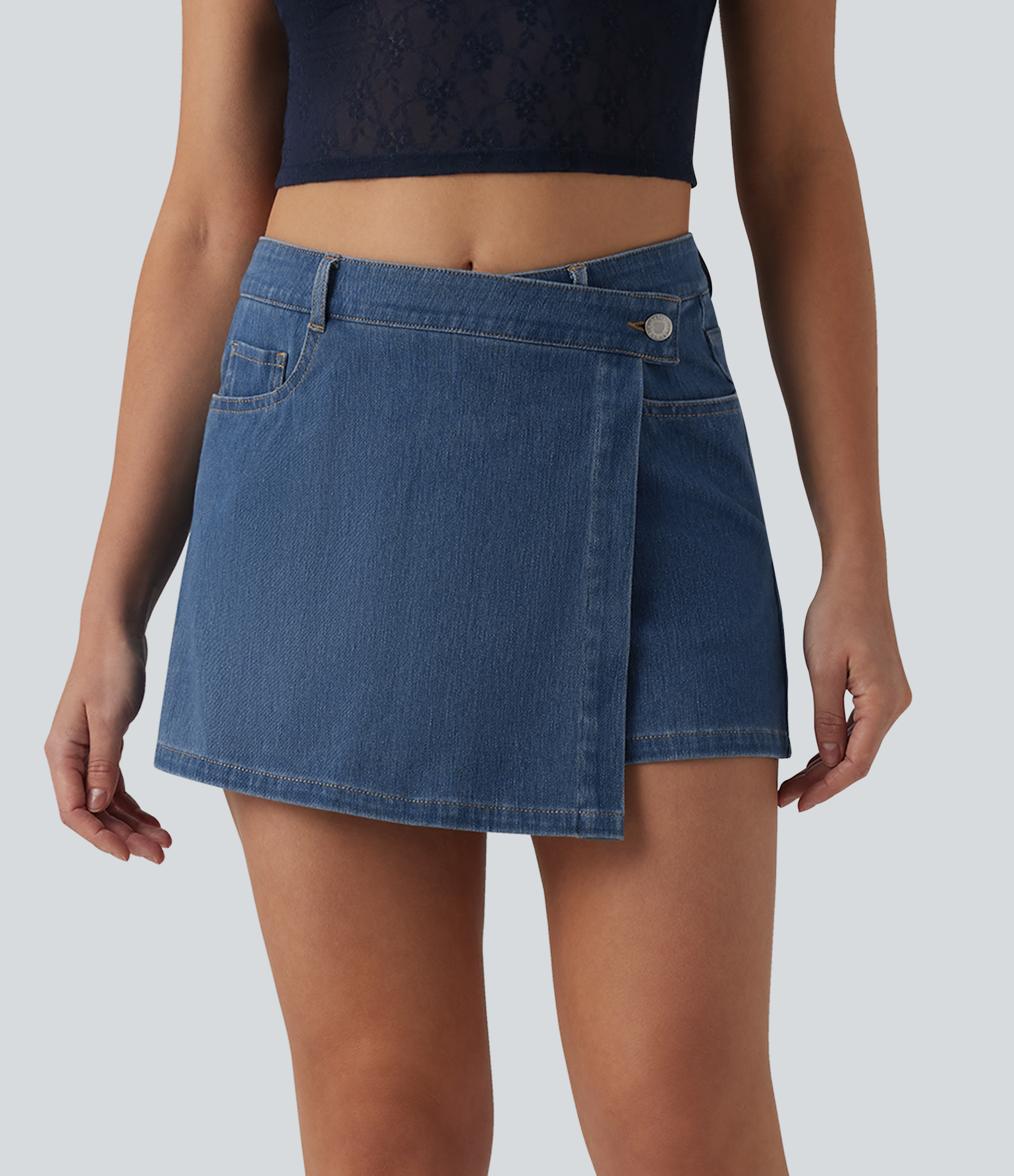 Halara Flex™ Mid Rise Asymmetric Denim Micro Casual Skort with Pockets