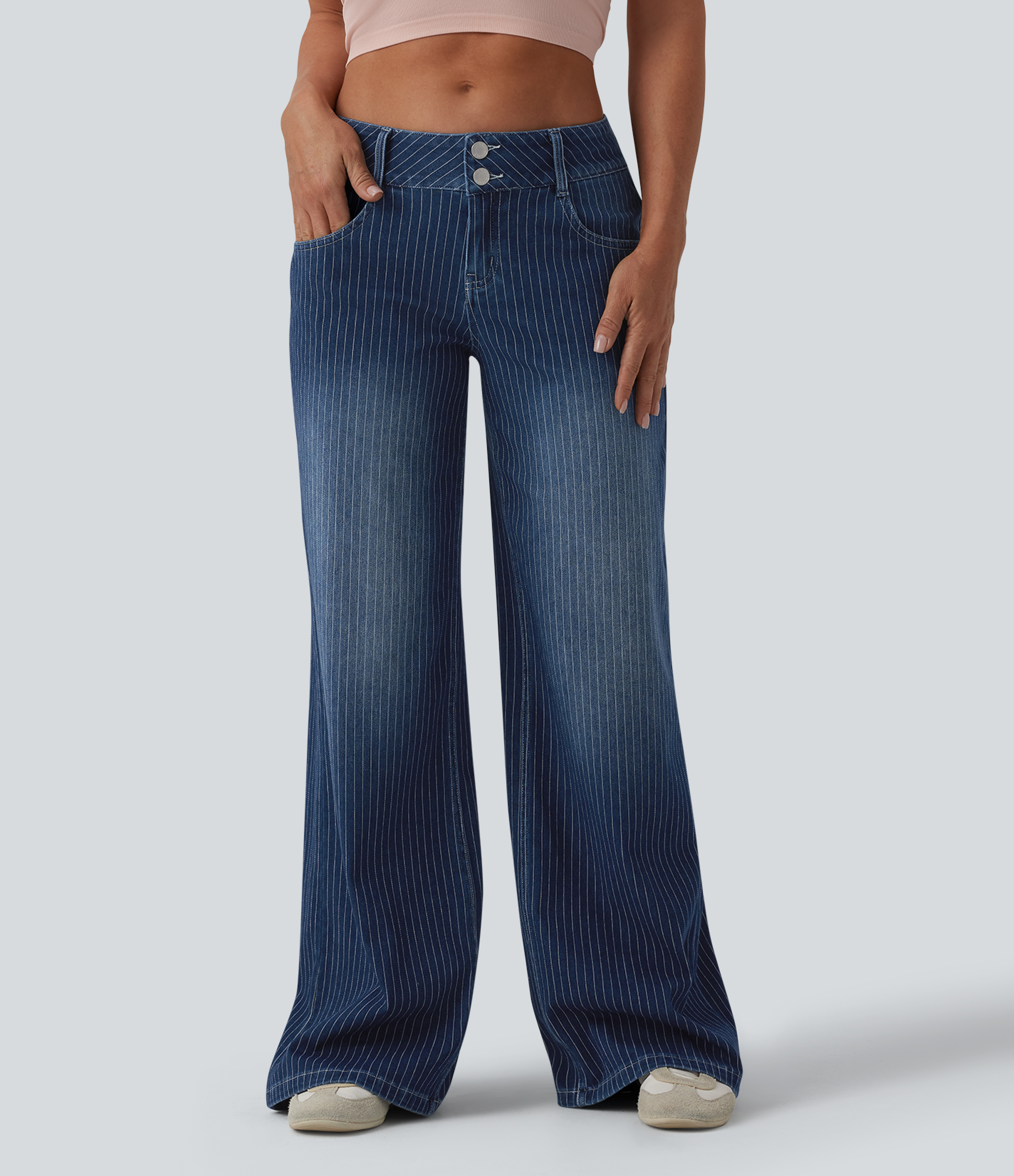 Halara Flex™ Low Rise Wide Leg Stripes Casual Jeans with Pockets