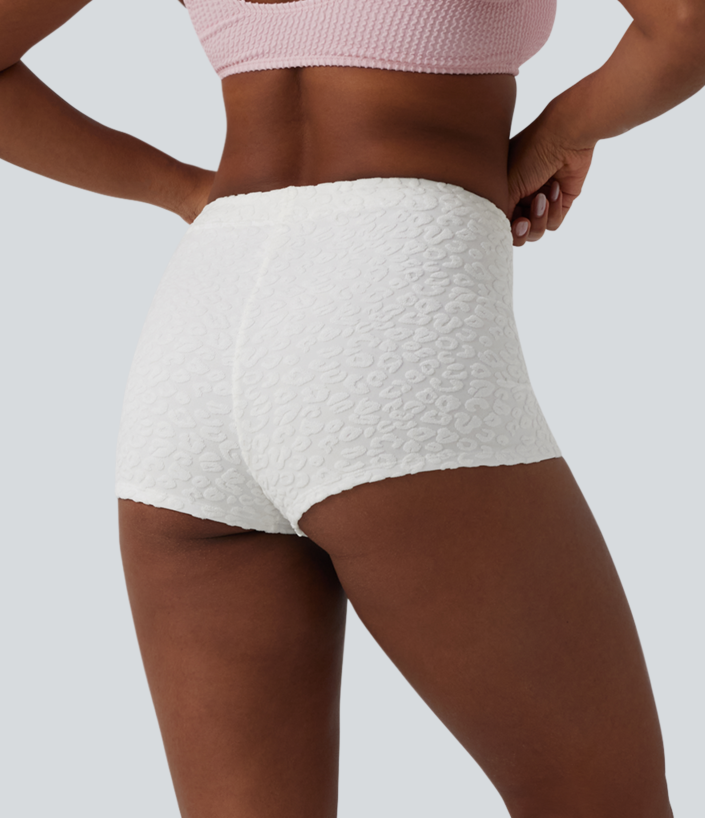 Silvery White Leopard Print High Waisted Leopard Print Bikini Bottom Swimsuit / 2