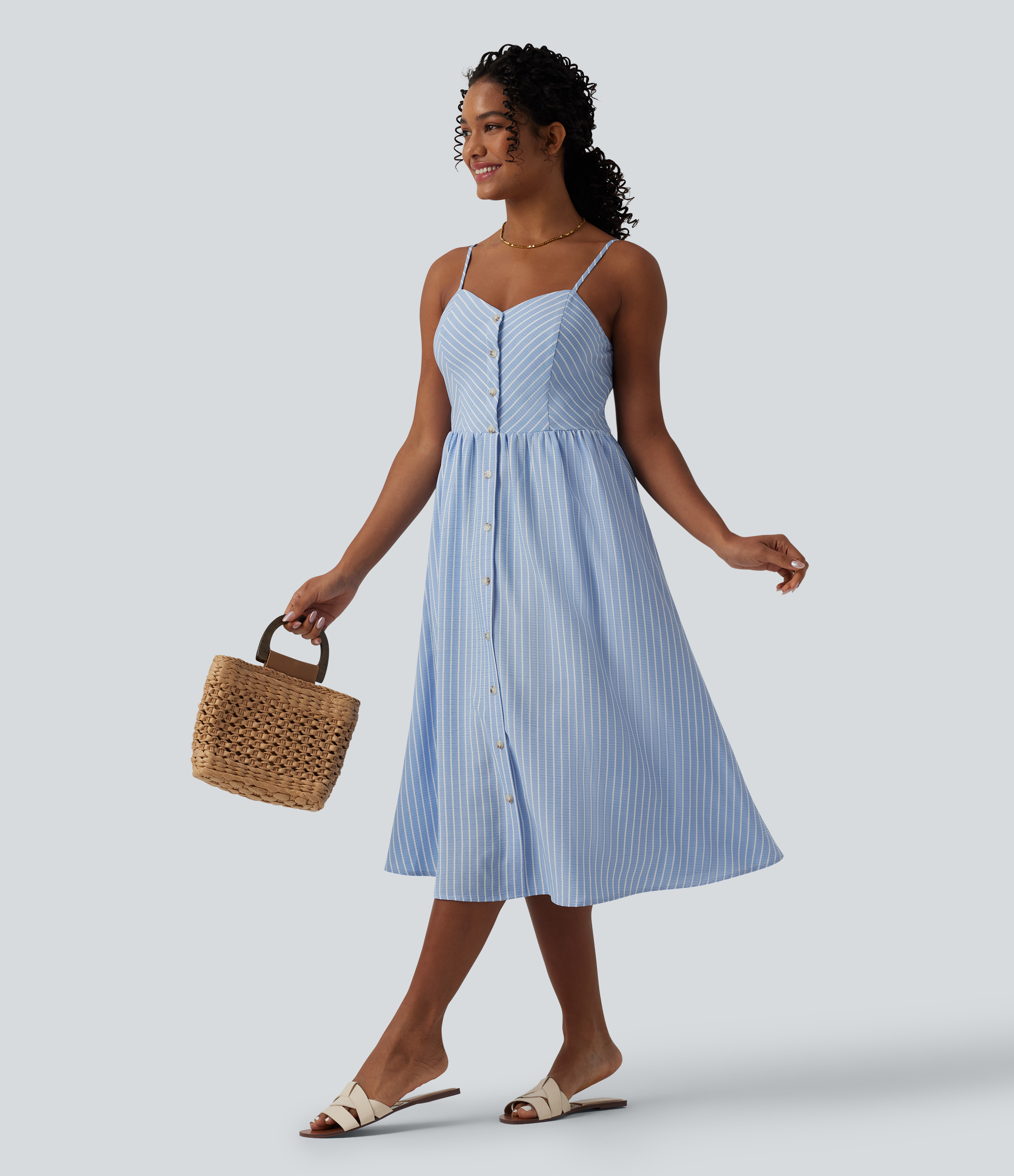 Striped ruched midi dress with straps and pockets