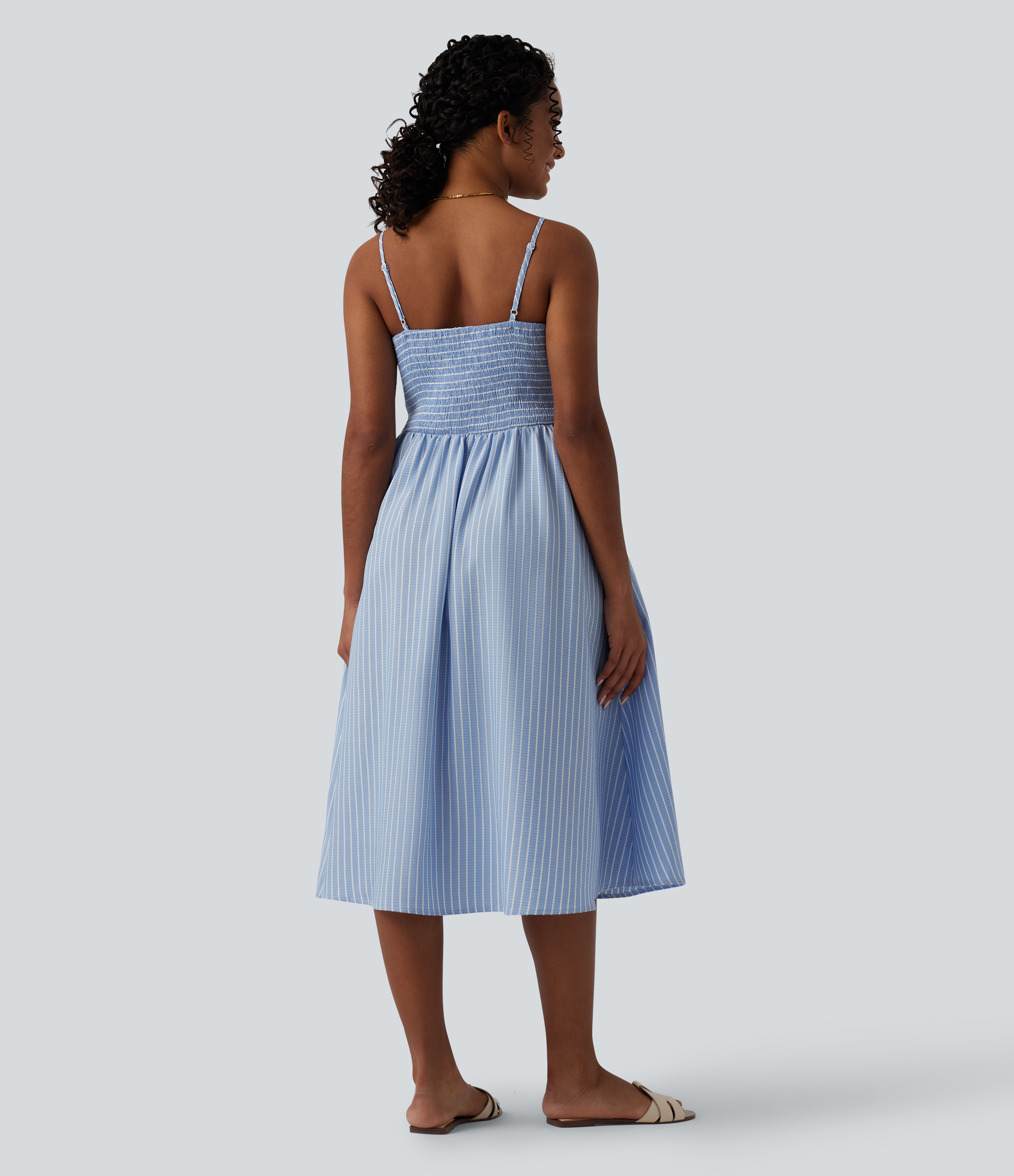 Blue White Stripes Gestreiftes Midi-Slipkleid mit Raffung und Taschen / 2