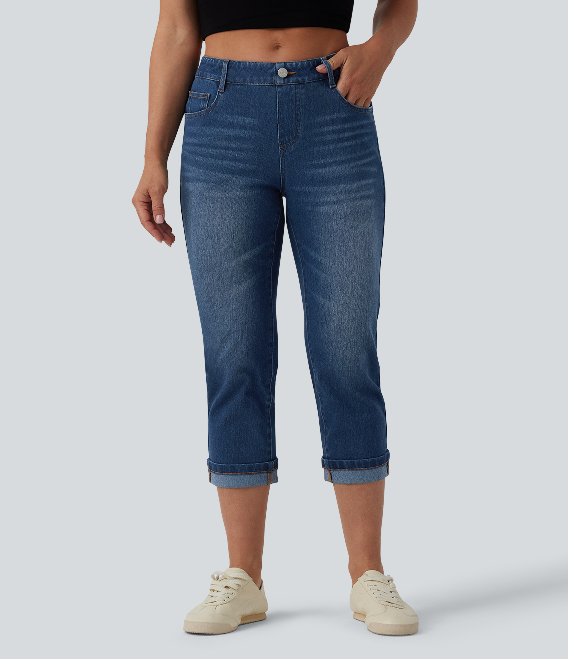 Halara Flex™ - Lässige, verkürzte Jeans mit niedrigem Bund, mehreren Taschen und umgeschlagenem Saum