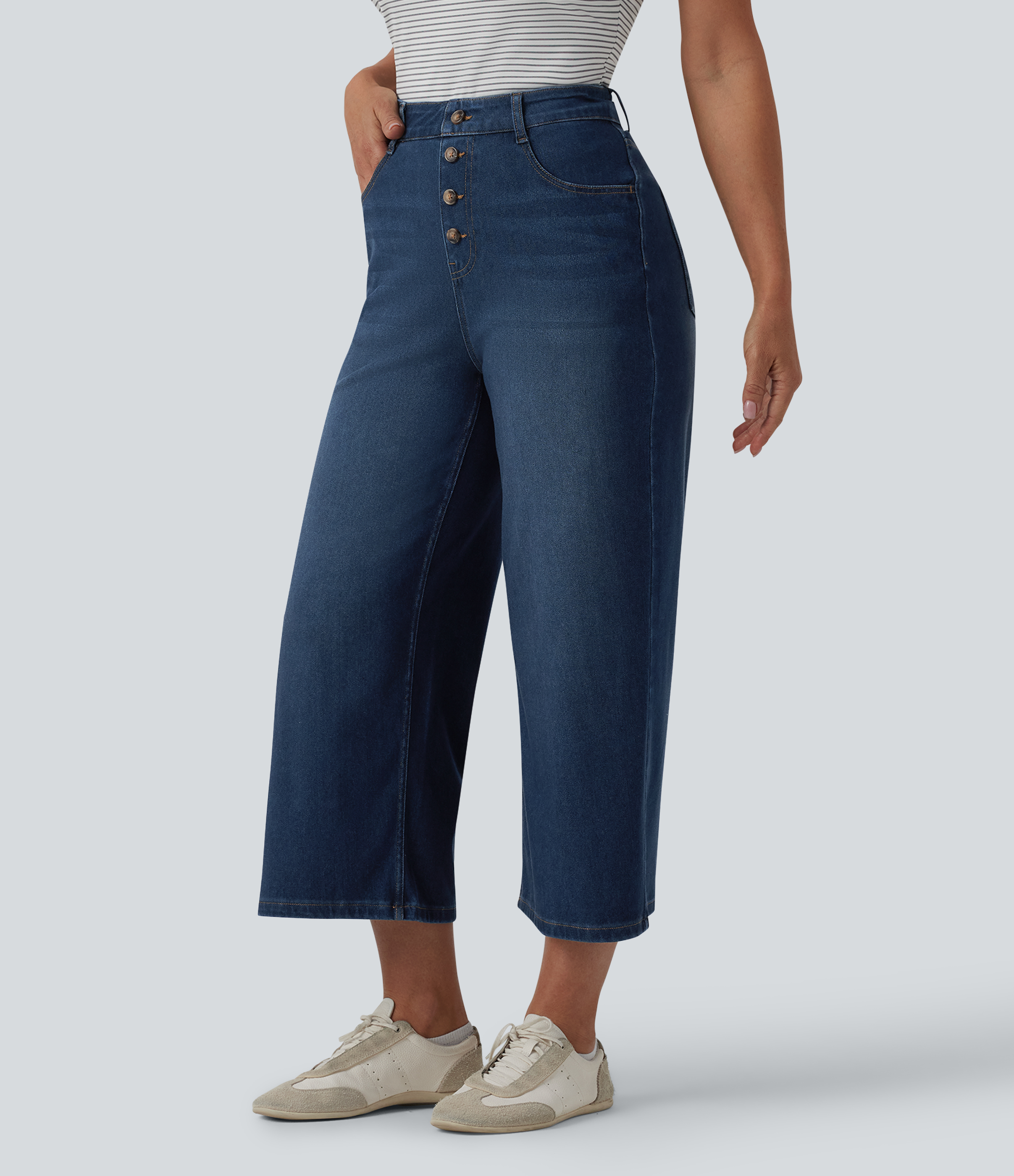 Halara Flex™ High Waisted Draped Lyocell Cropped Casual Wide Leg Jeans with Pockets
