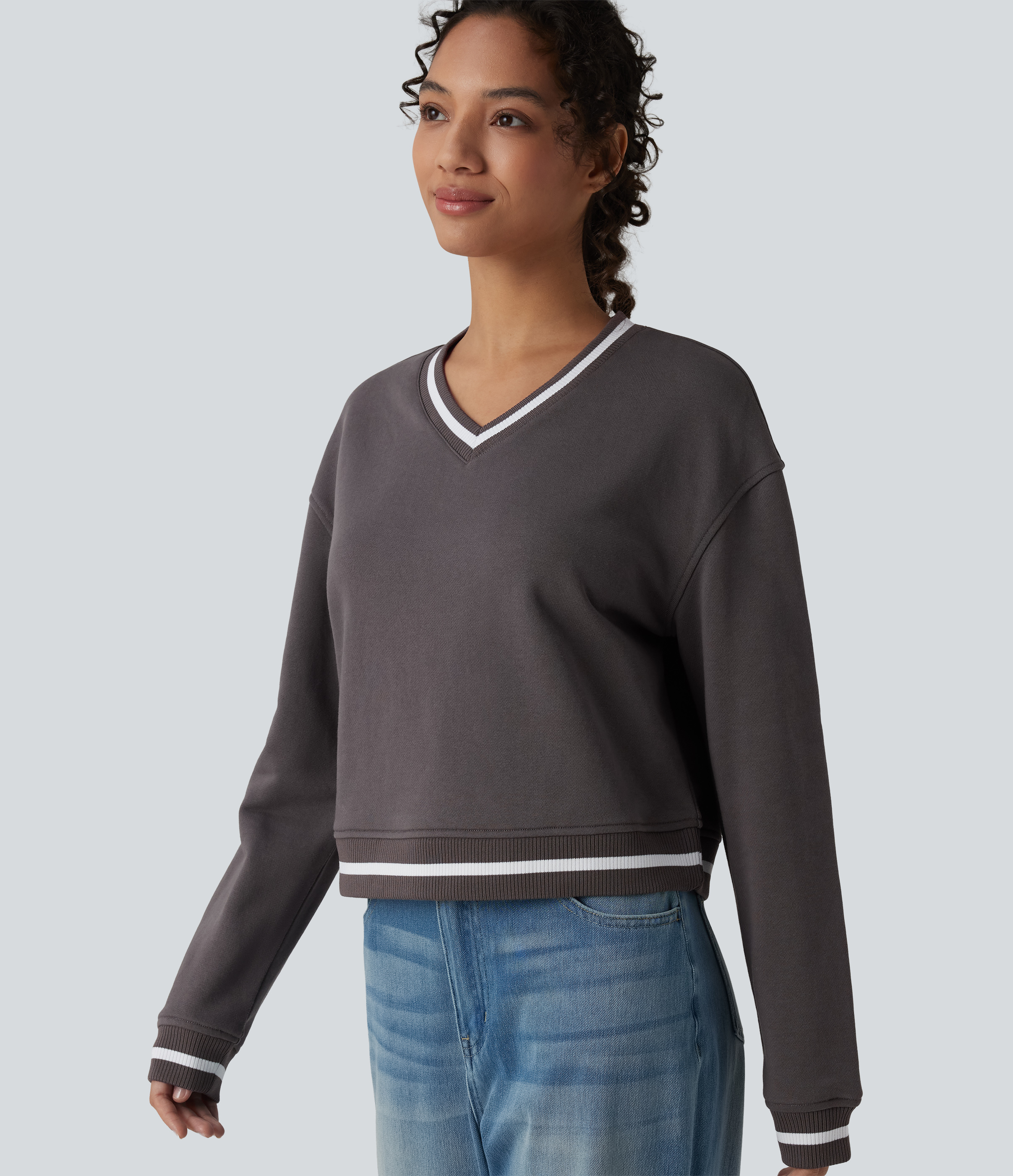 V Neck Long Sleeve Color Block Casual Cotton Sweatshirt