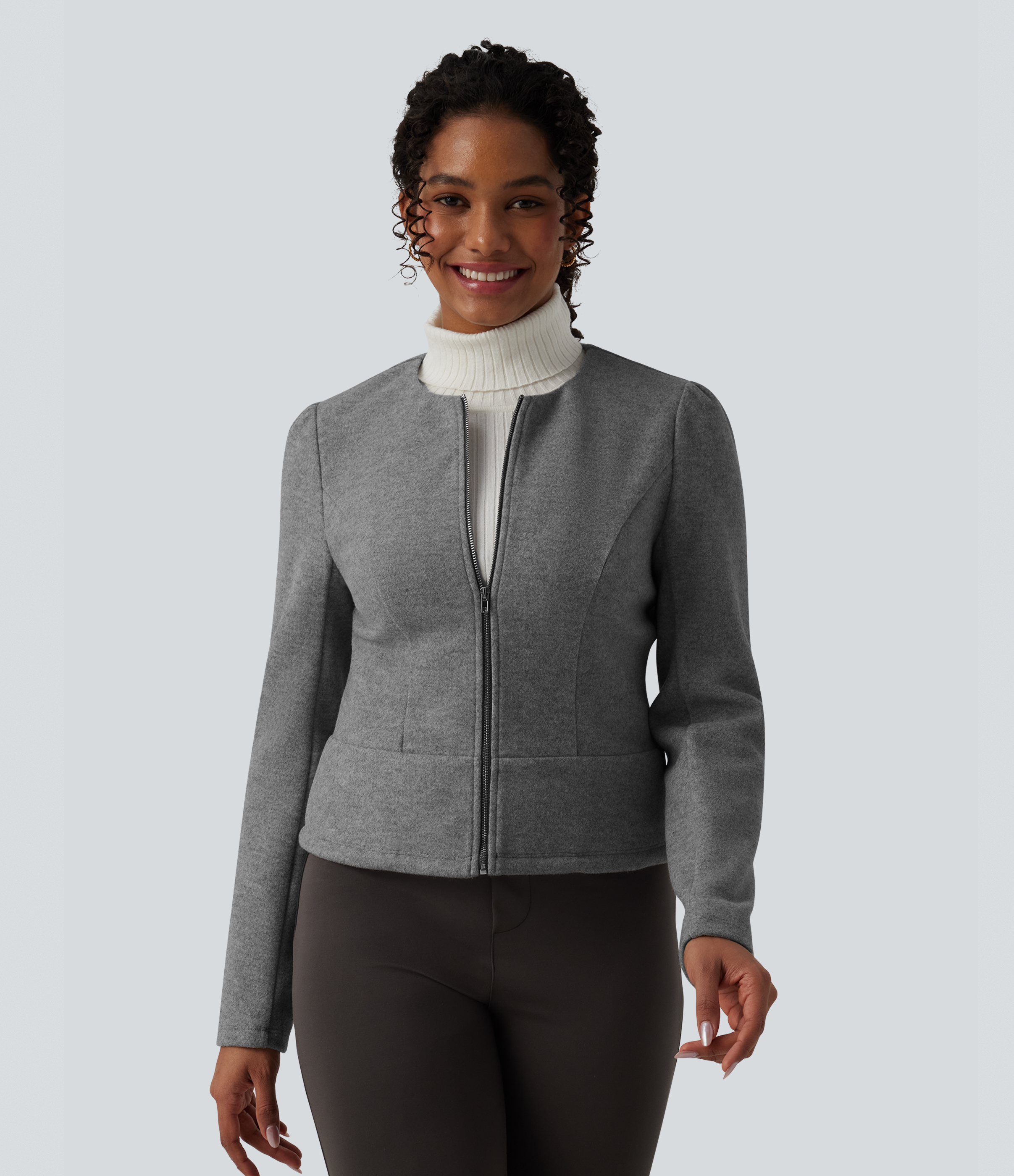 Veste tailleur polaire col rond manches longues à fermeture éclair