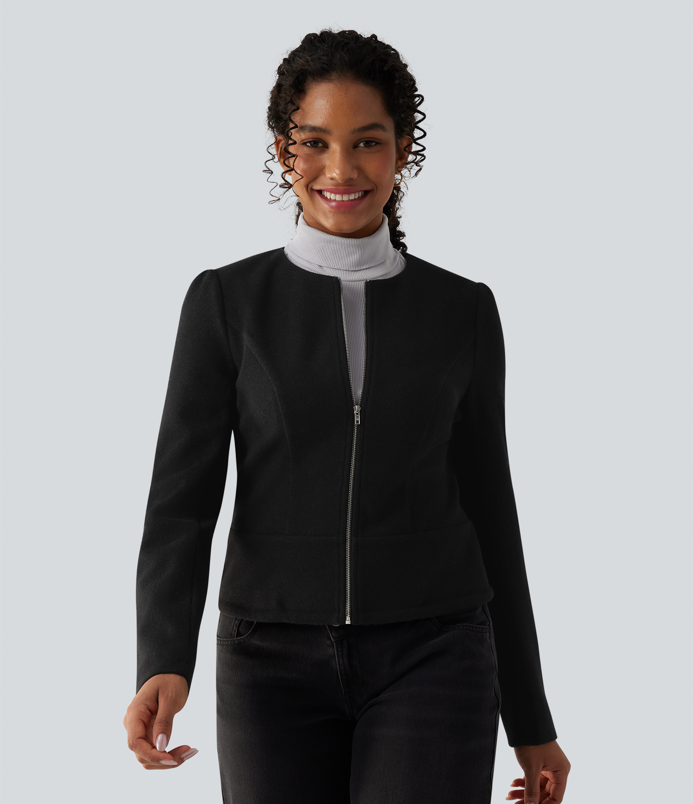 Round Neck Long Sleeve Zipper Fleece Work Jacket 