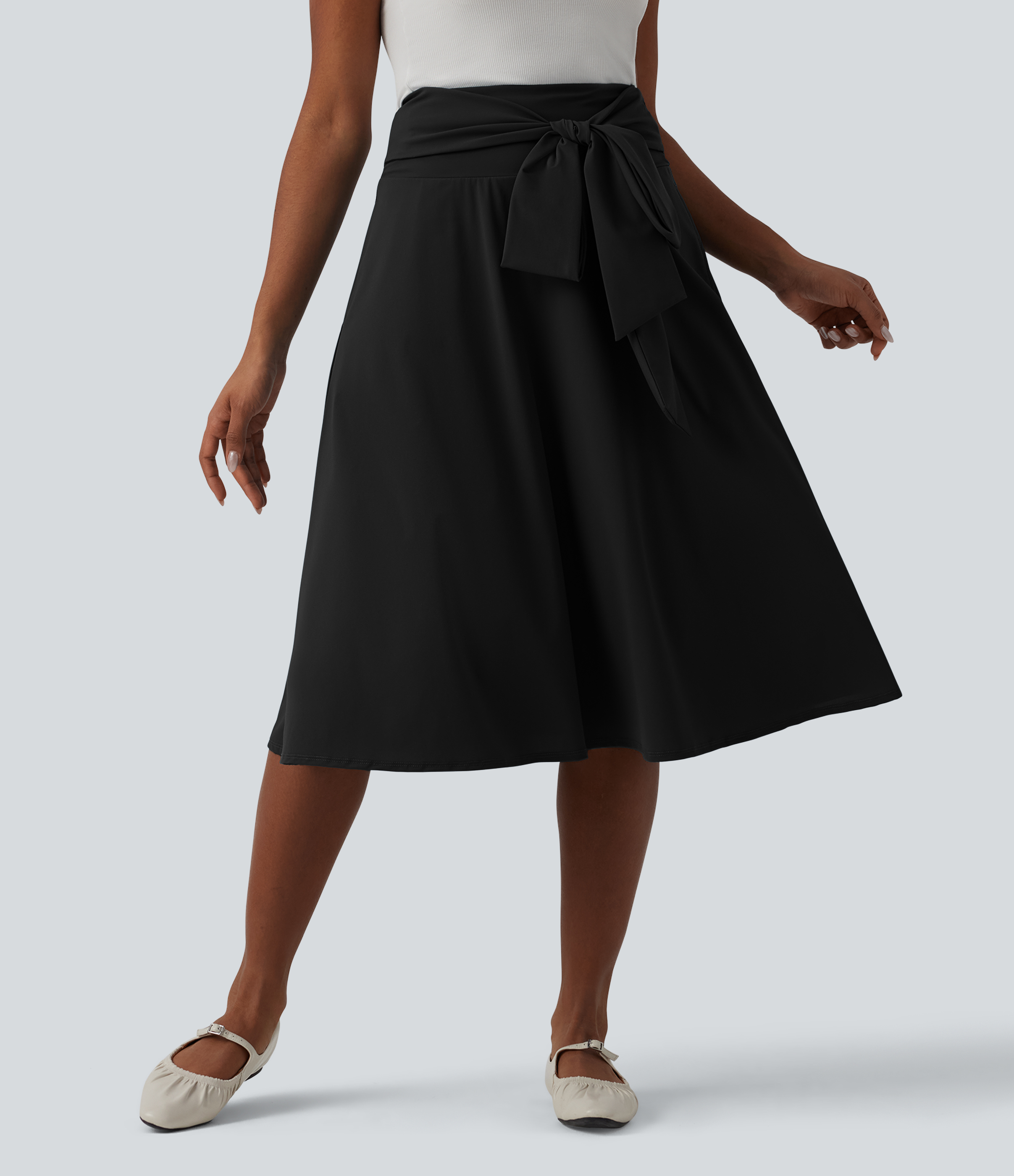 High Waisted Tie Front A Line Midi Casual Skirt