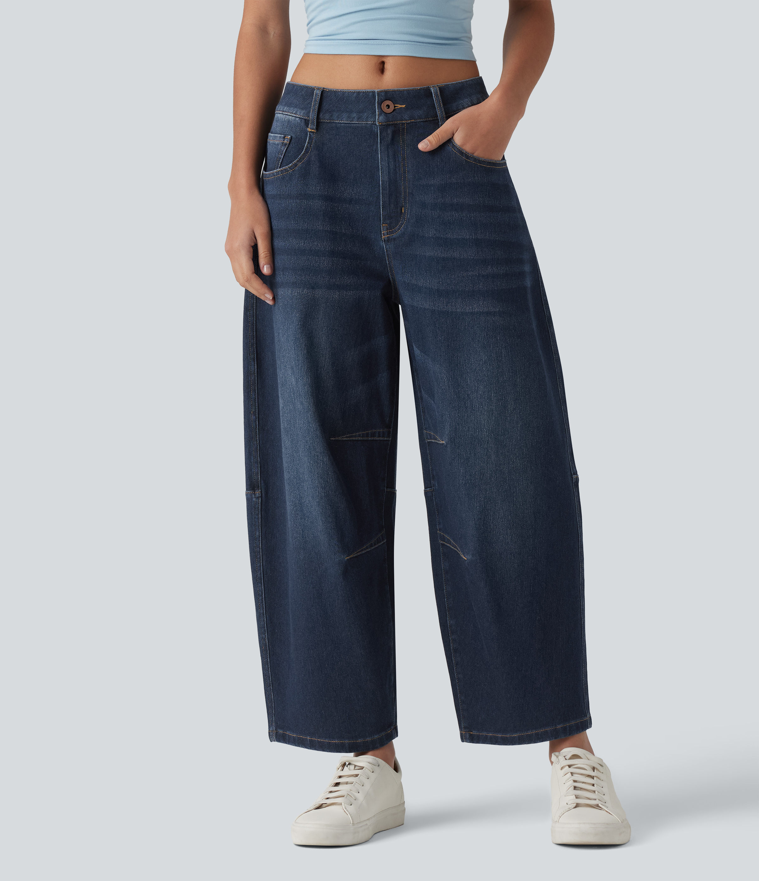 Halara Flex™ Barrel-Leg-Jeans aus elastischem Strick-Denim mit niedrigem Bund, Knopf, Reißverschluss und mehreren Taschen