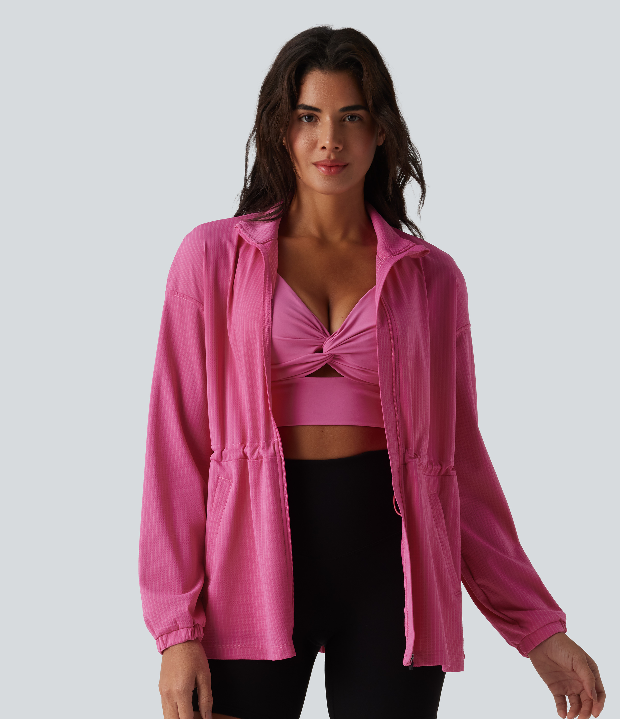 Long Sleeve Inner Drawstring Stripes Quick Dry Workout Jacket-UPF40+