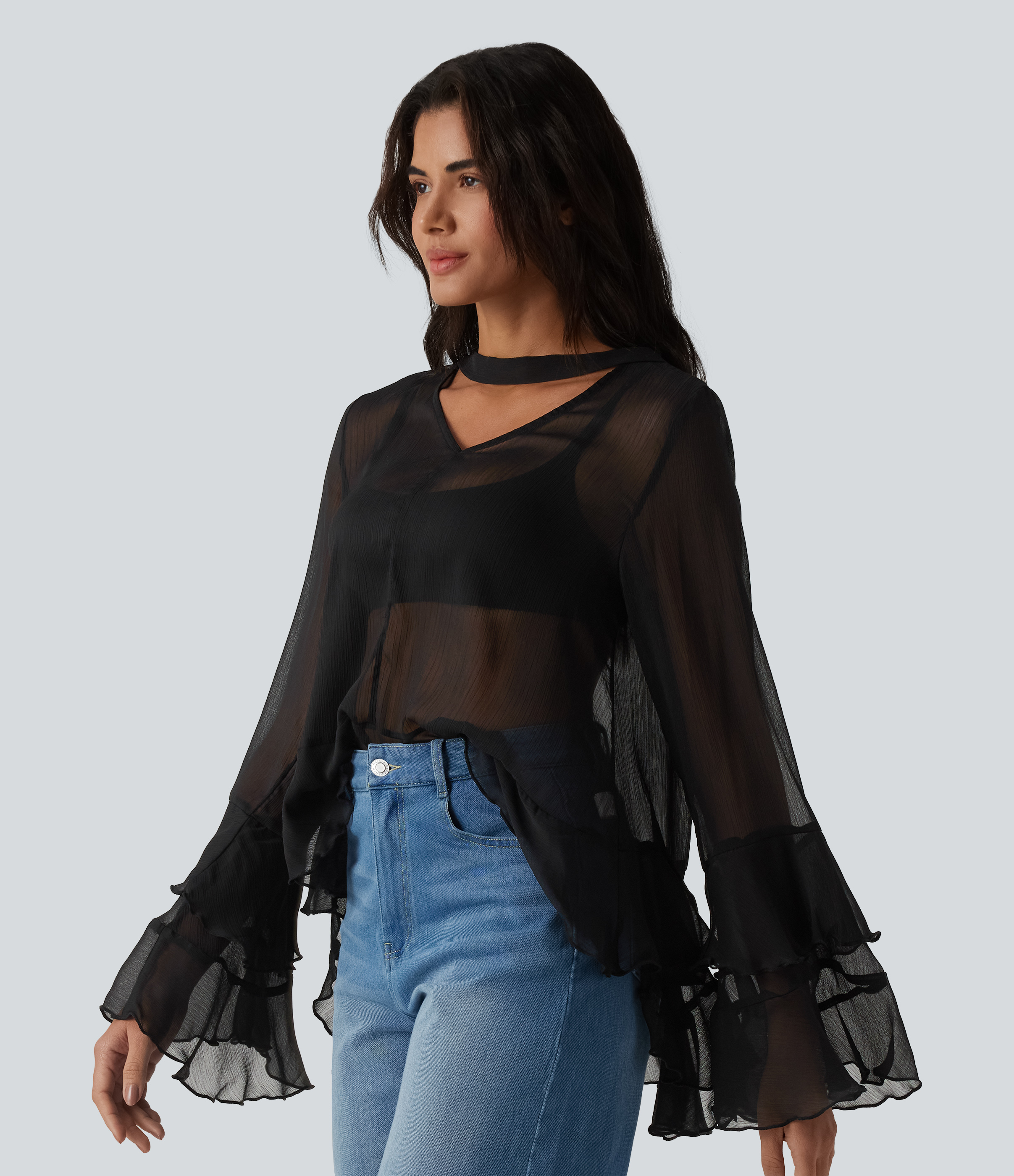 Sheer V Neck Ruffle Long Sleeve Casual Shirt
