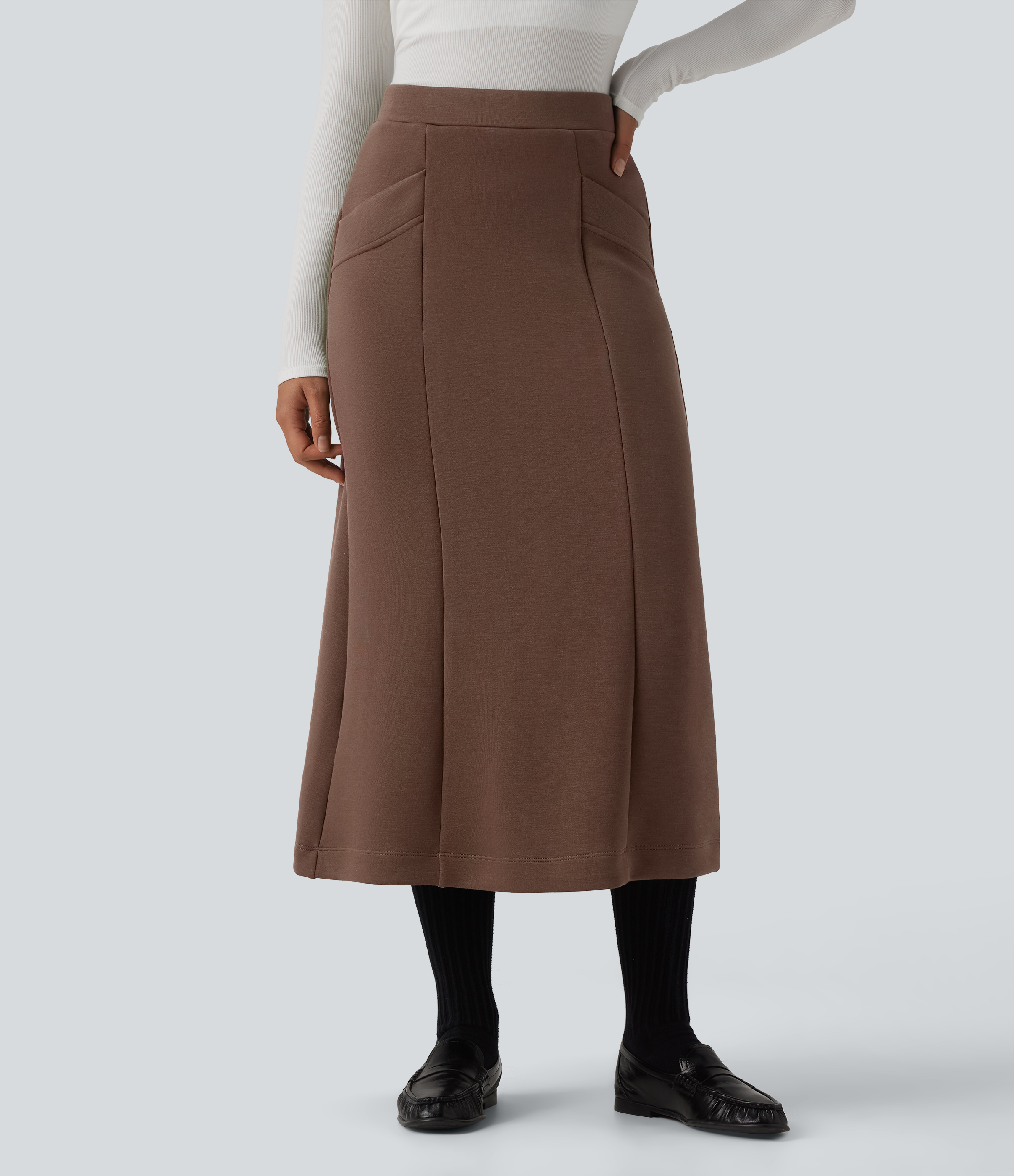 SpacerTek™ High Waisted Midi Work Skirt with Pockets