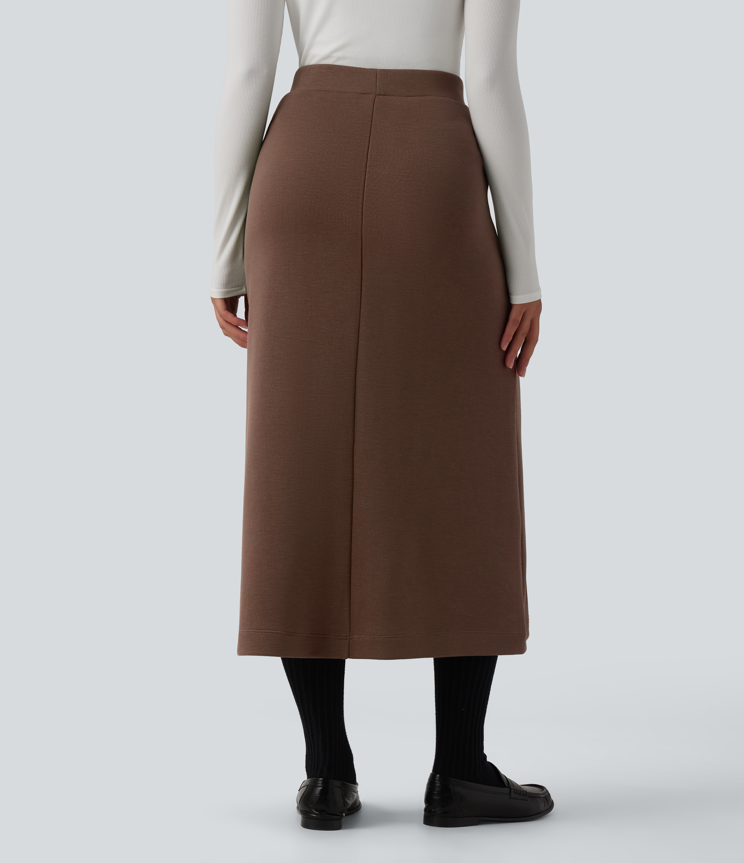 Cocoa Brown SpacerTek™ High Waisted Midi Work Skirt with Pockets / 2