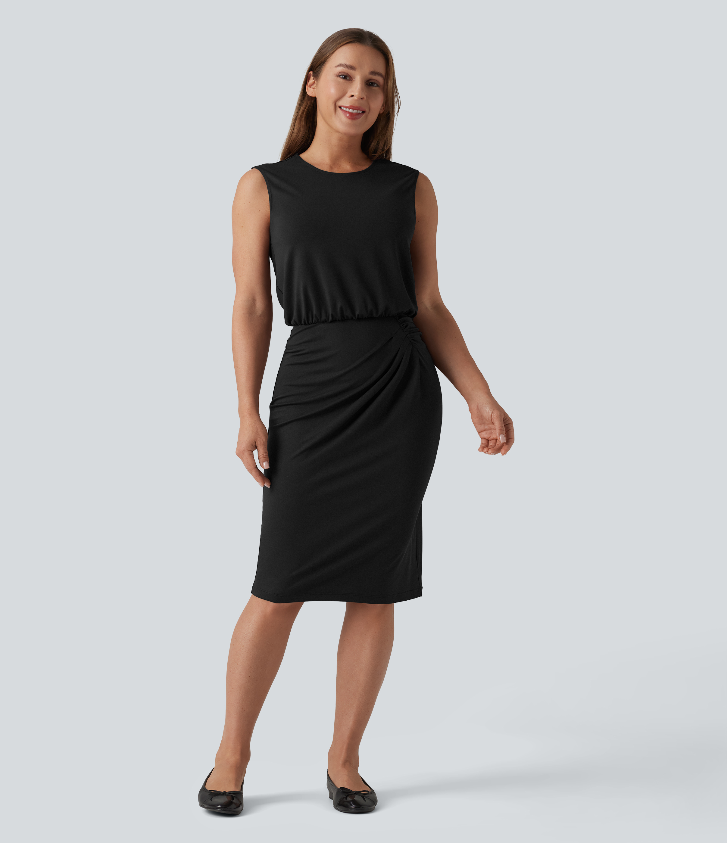 Sleeveless work midi dress with round neckline and keyhole back