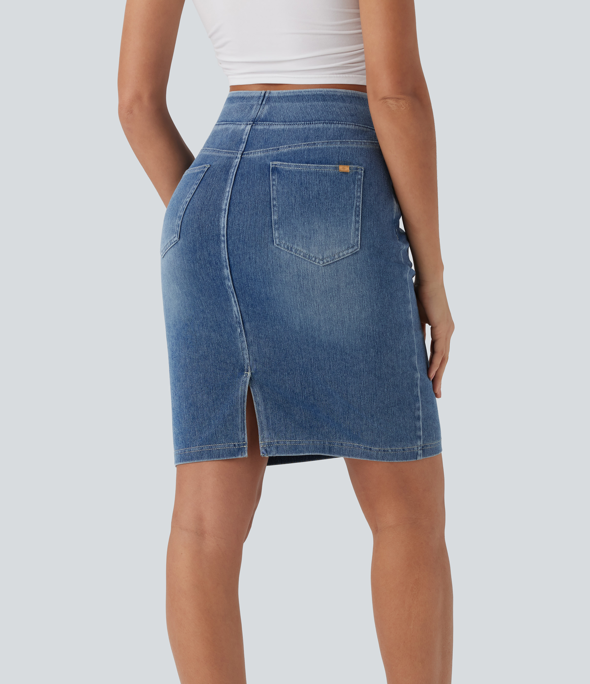 Blue Gray Denim Halara Flex™ High Waisted Pockets Washed Denim Casual Skirt / 2