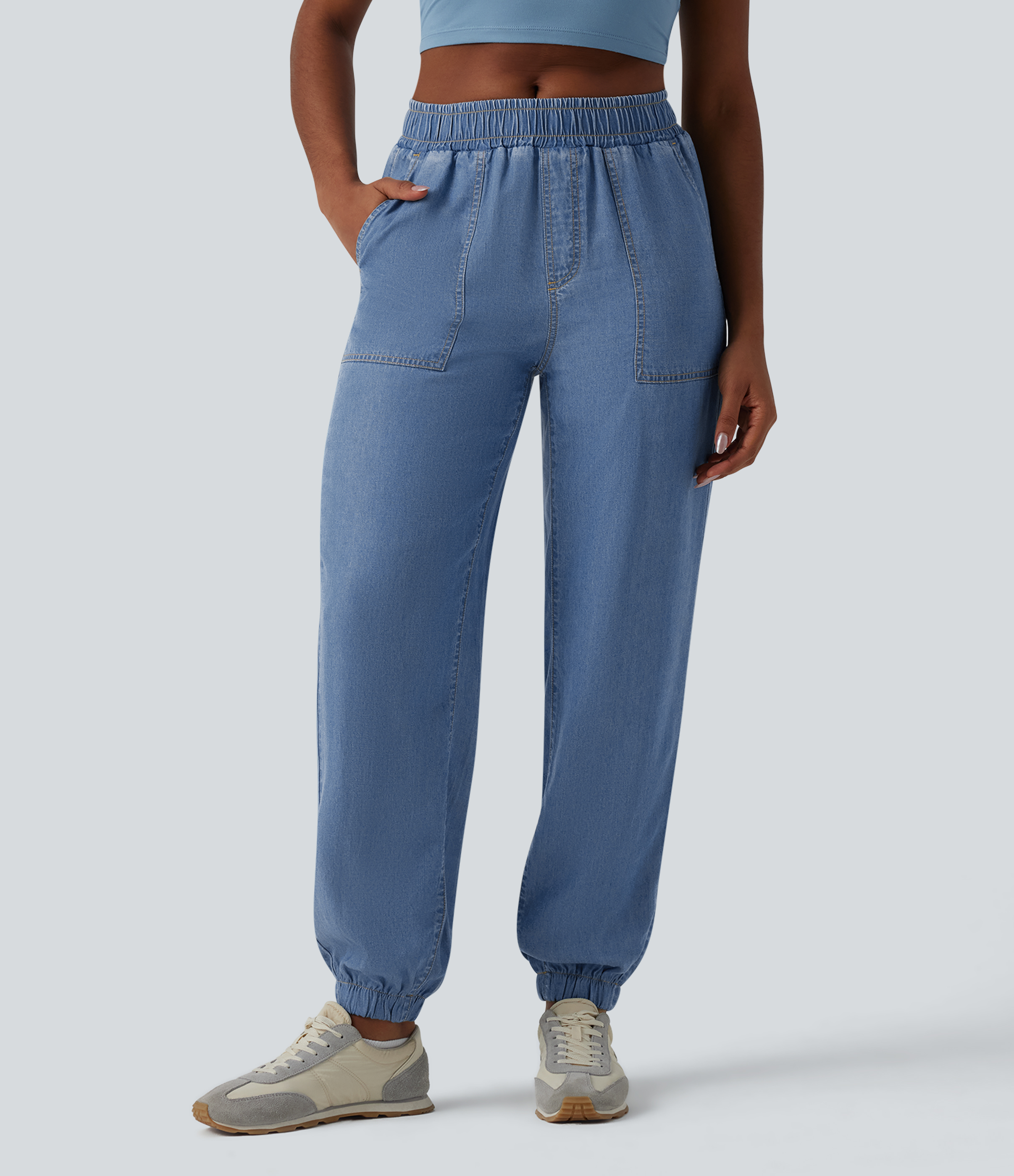 Jogging casual denim en lyocell drapé taille mi-haute avec poches