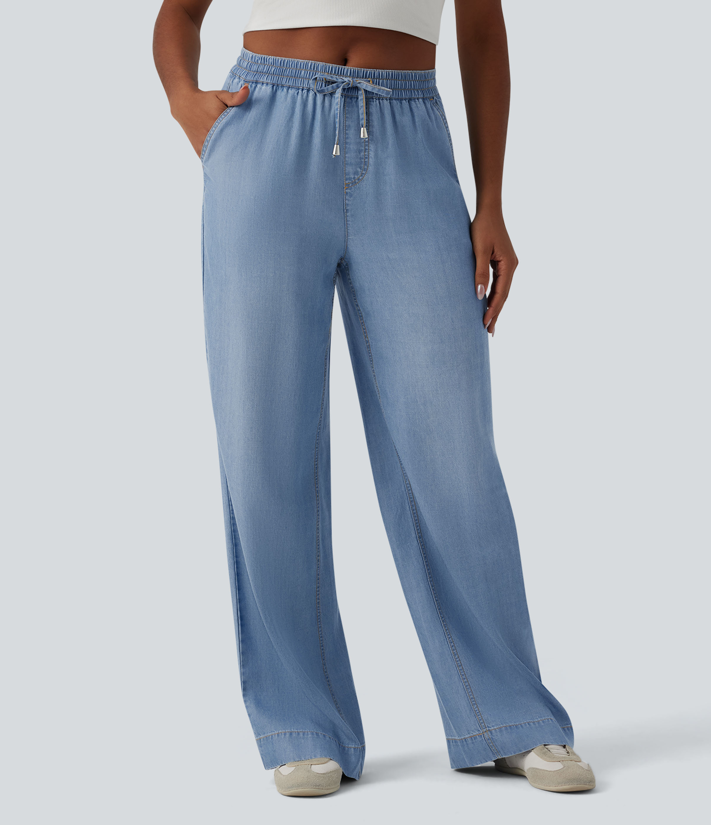 Mid Rise Drawsting Draped Wide Leg Casual Jeans with Pockets