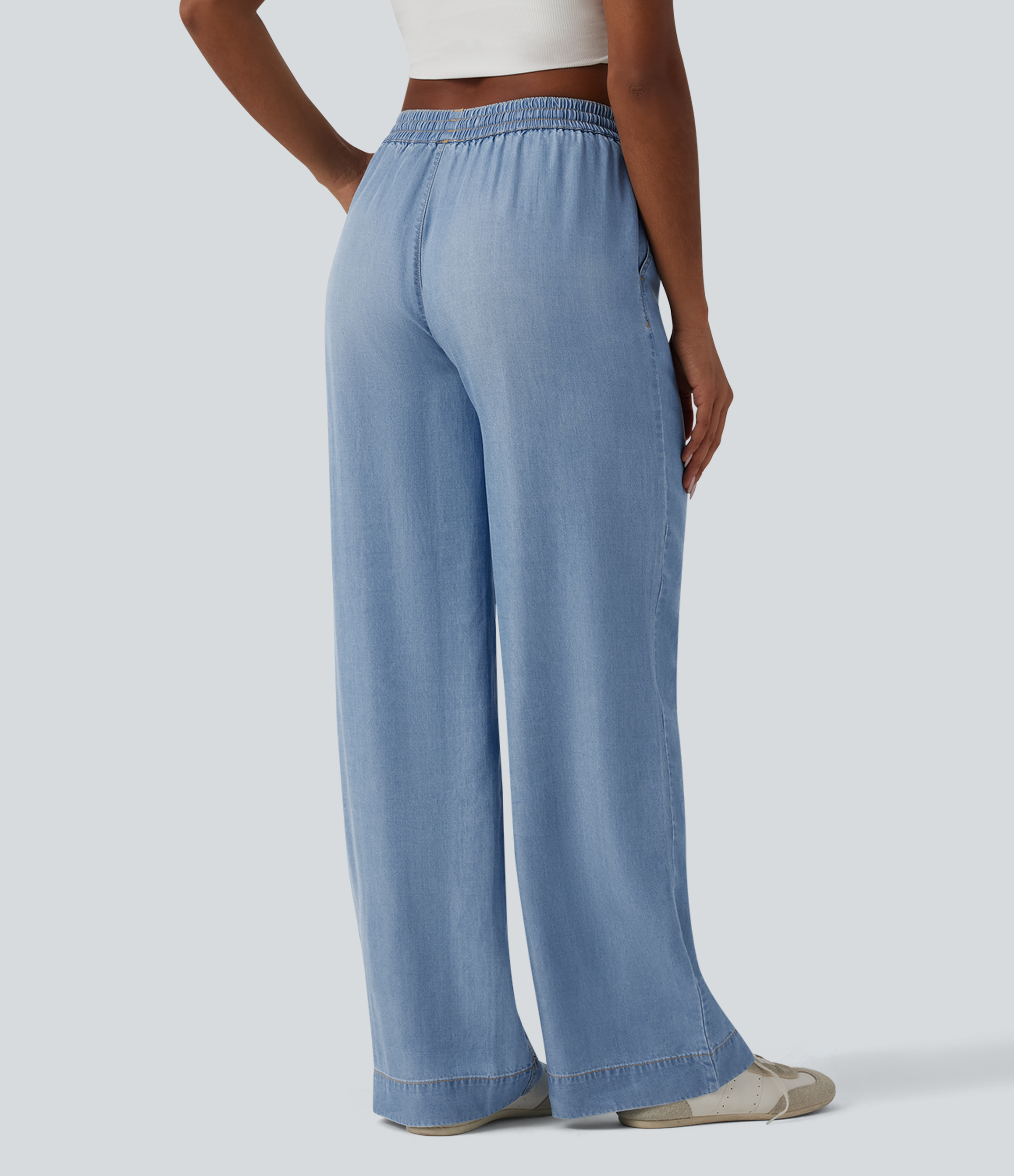 Malibu Blue Denim Mid Rise Drawstring Draped Casual Lyocell Wide Leg Jeans with Pockets / 2