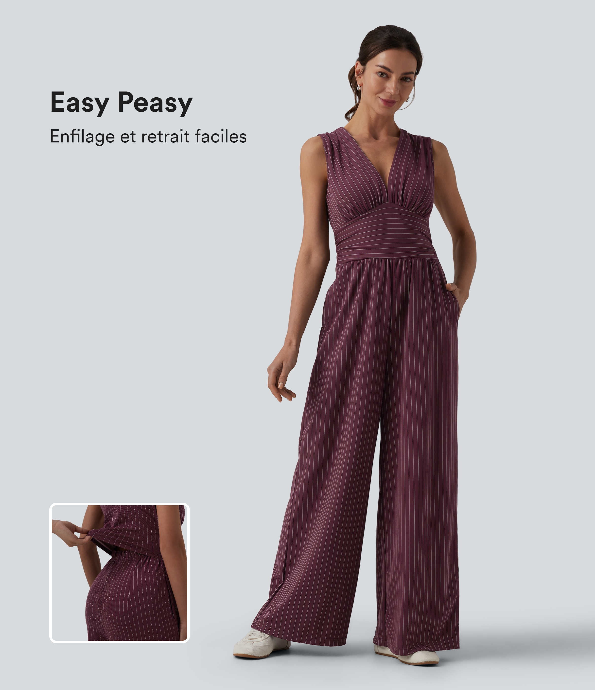 Combinaison tailleur col V sans manches à rayures et fronces avec poches - Easy Peasy
