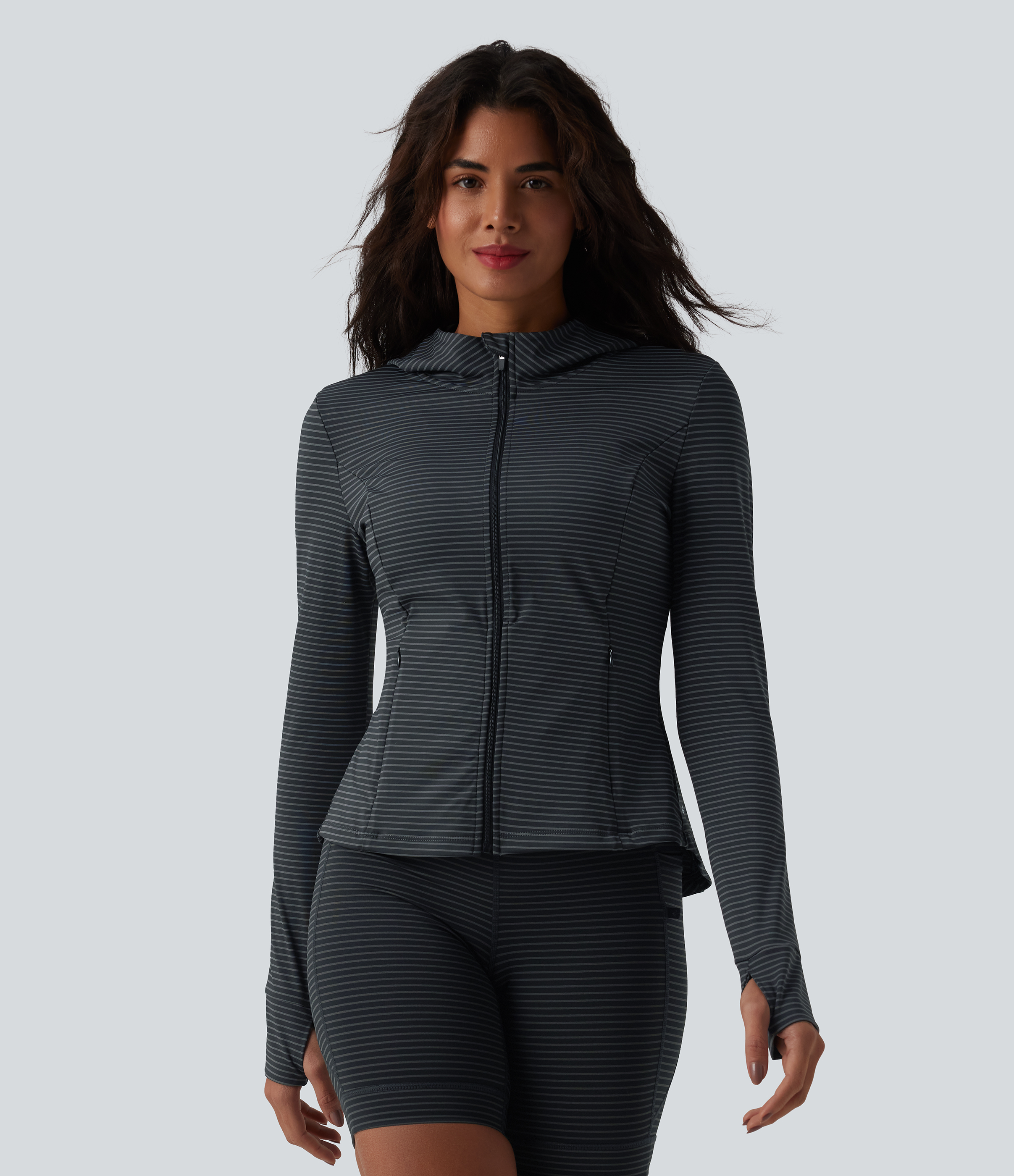 Steel Stripe Veste de yoga à capuche manches longues avec trous pour pouces et rayures avec poches / 2