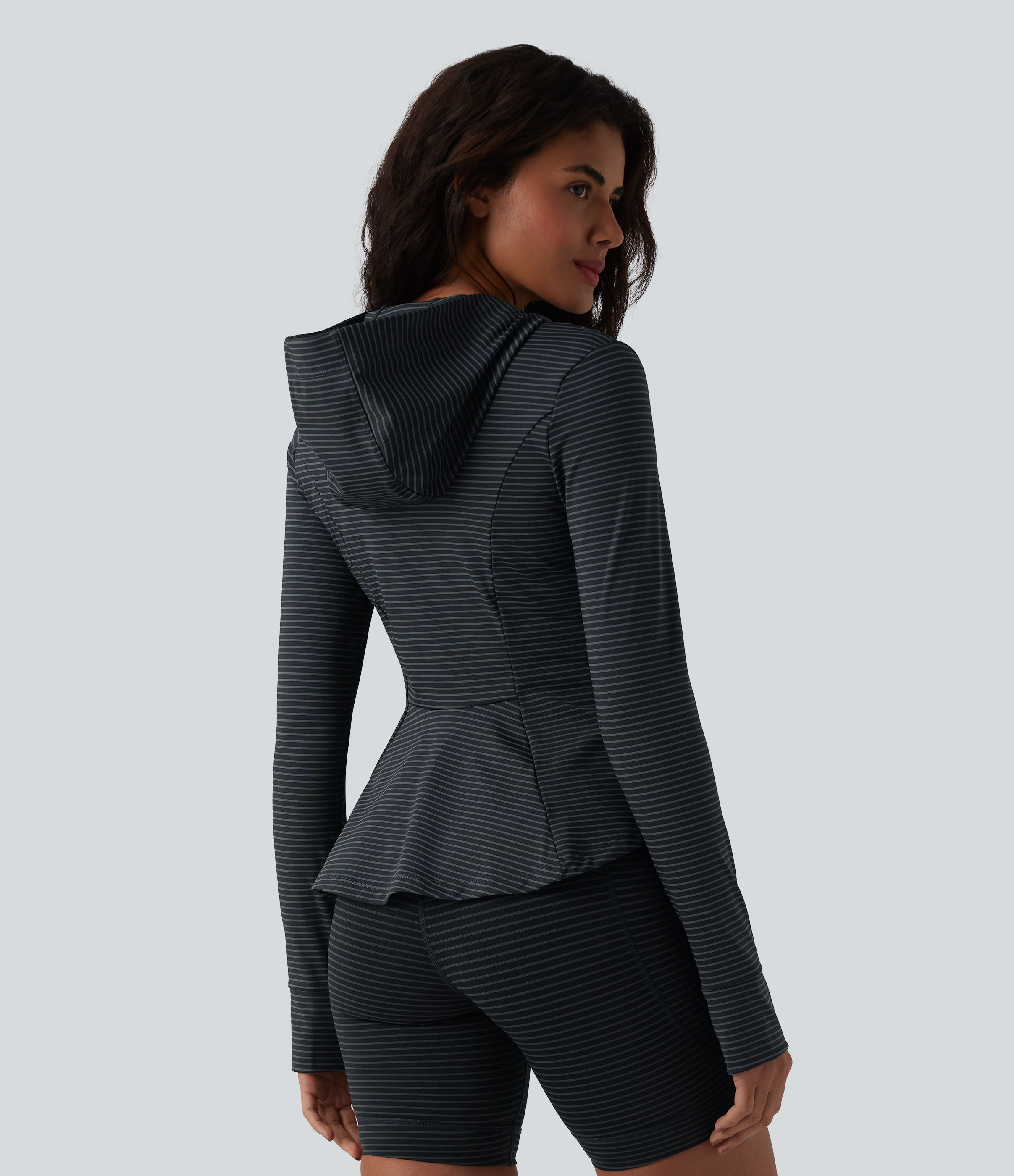 Hooded Long Sleeve Thumb Hole Stripe Yoga Jacket with Pockets