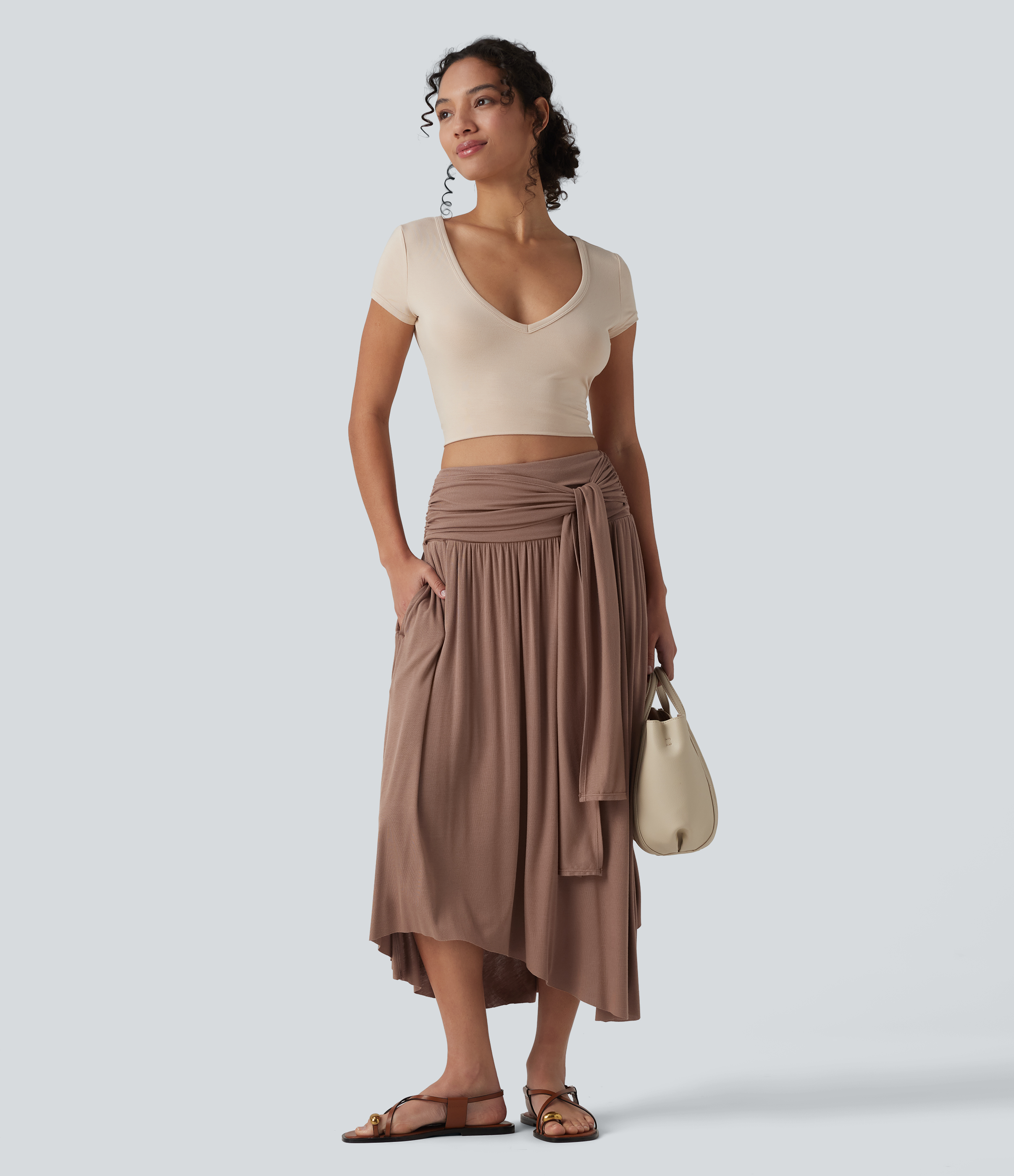 Ribbed High Waisted Tummy Control Tie-side Asymmetric Hem Midi Casual Flowy Skirt with Pockets