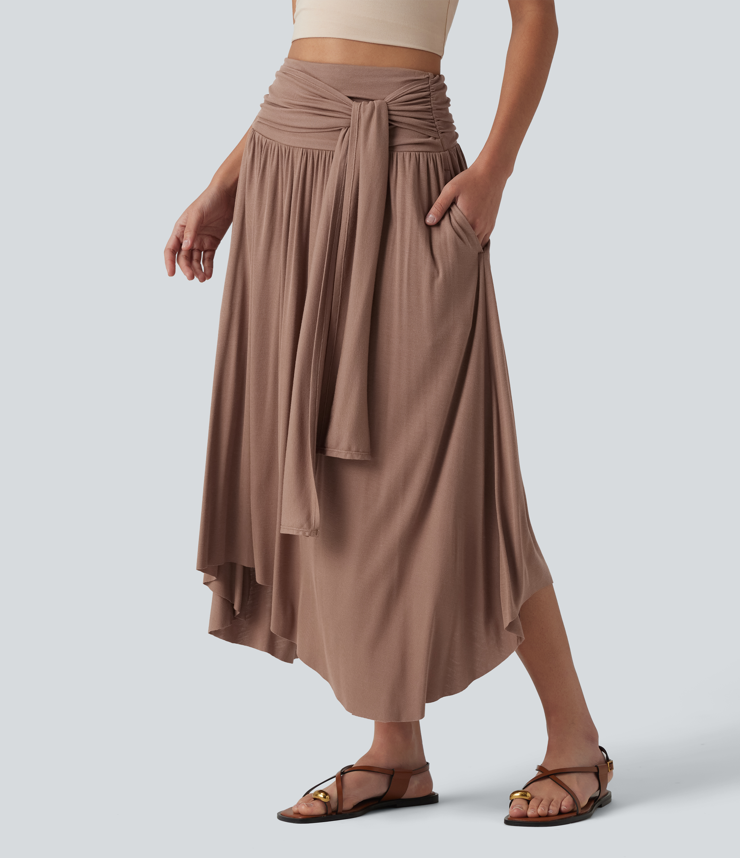 Ribbed High Waisted Tummy Control Tie-side Asymmetric Hem Midi Casual Flowy Skirt with Pockets