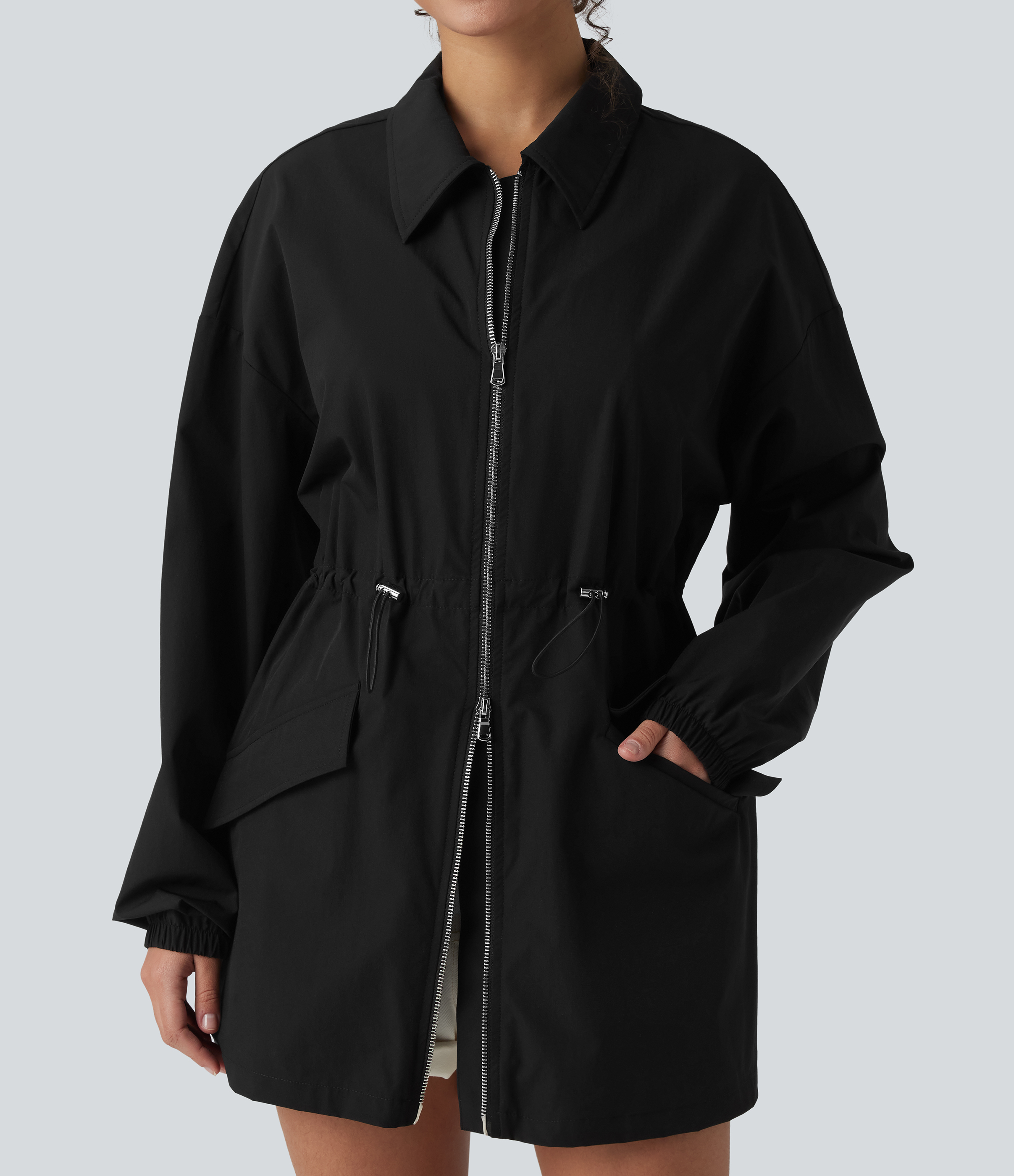 Water Repellent Wear-Resistant Long Sleeve 2-Way Zipper Casual Jacket with Pockets