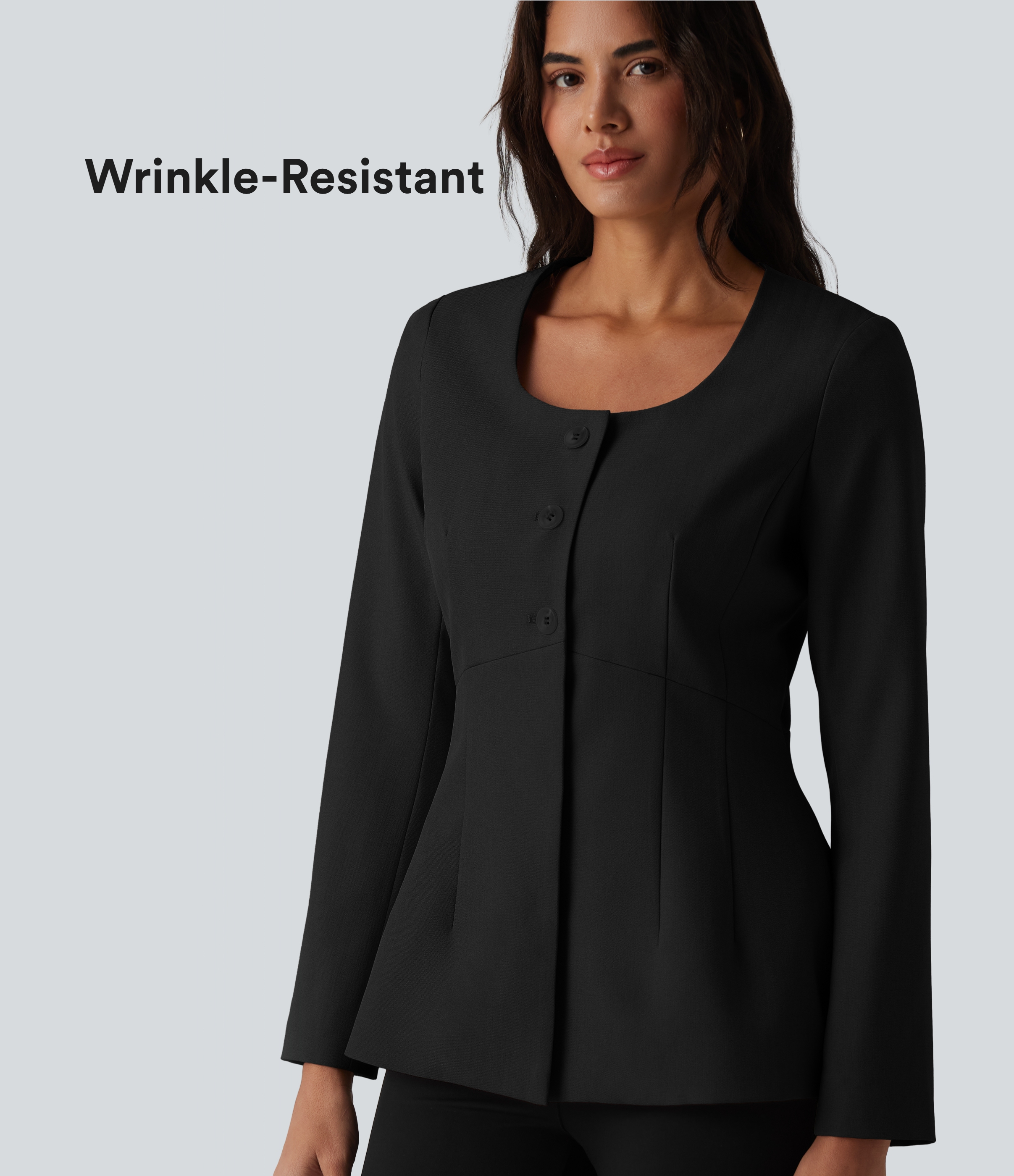 Blazer tailleur infroissable col U manches longues aspect lin