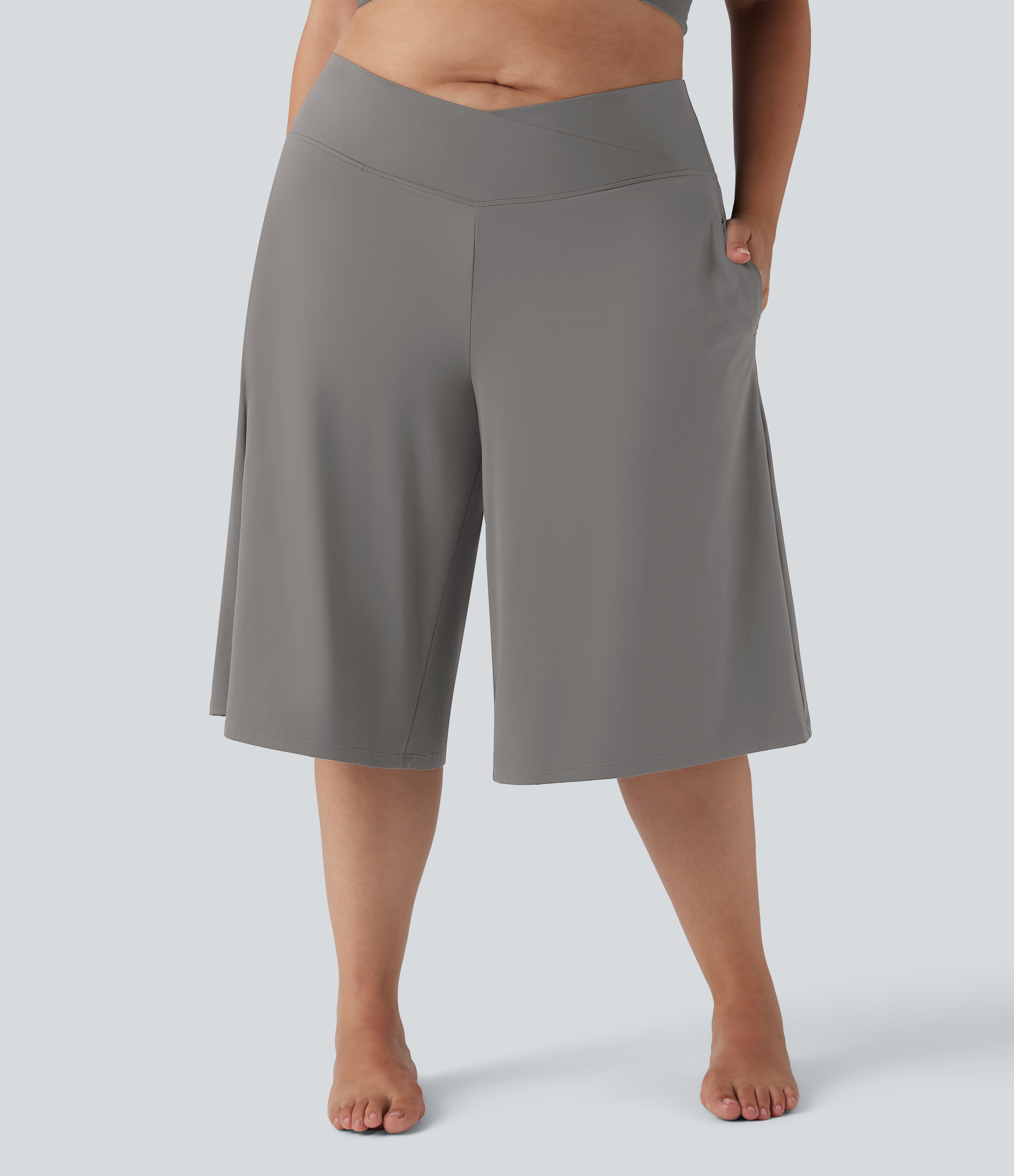 SoftlyZero™ Airy Crossover High Waisted Wide Leg Cool Touch Yoga Pedal Pusher Plus Size Pants with Pockets