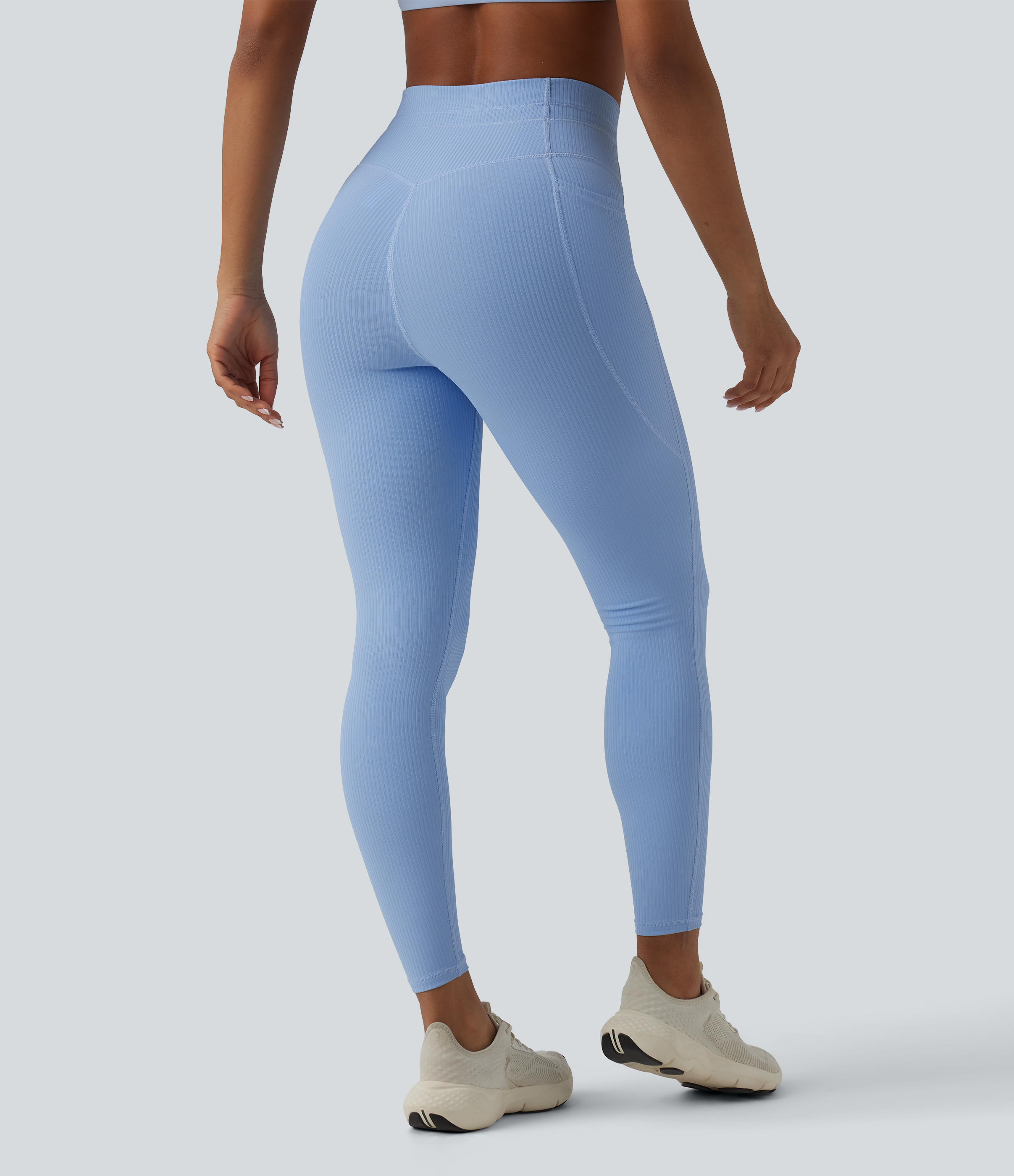 Placid Blue Ribbestrikkede tights med høy midje, snøring, magestøtte, hurtigtørkende materiale og lommer - UPF50+ / 2