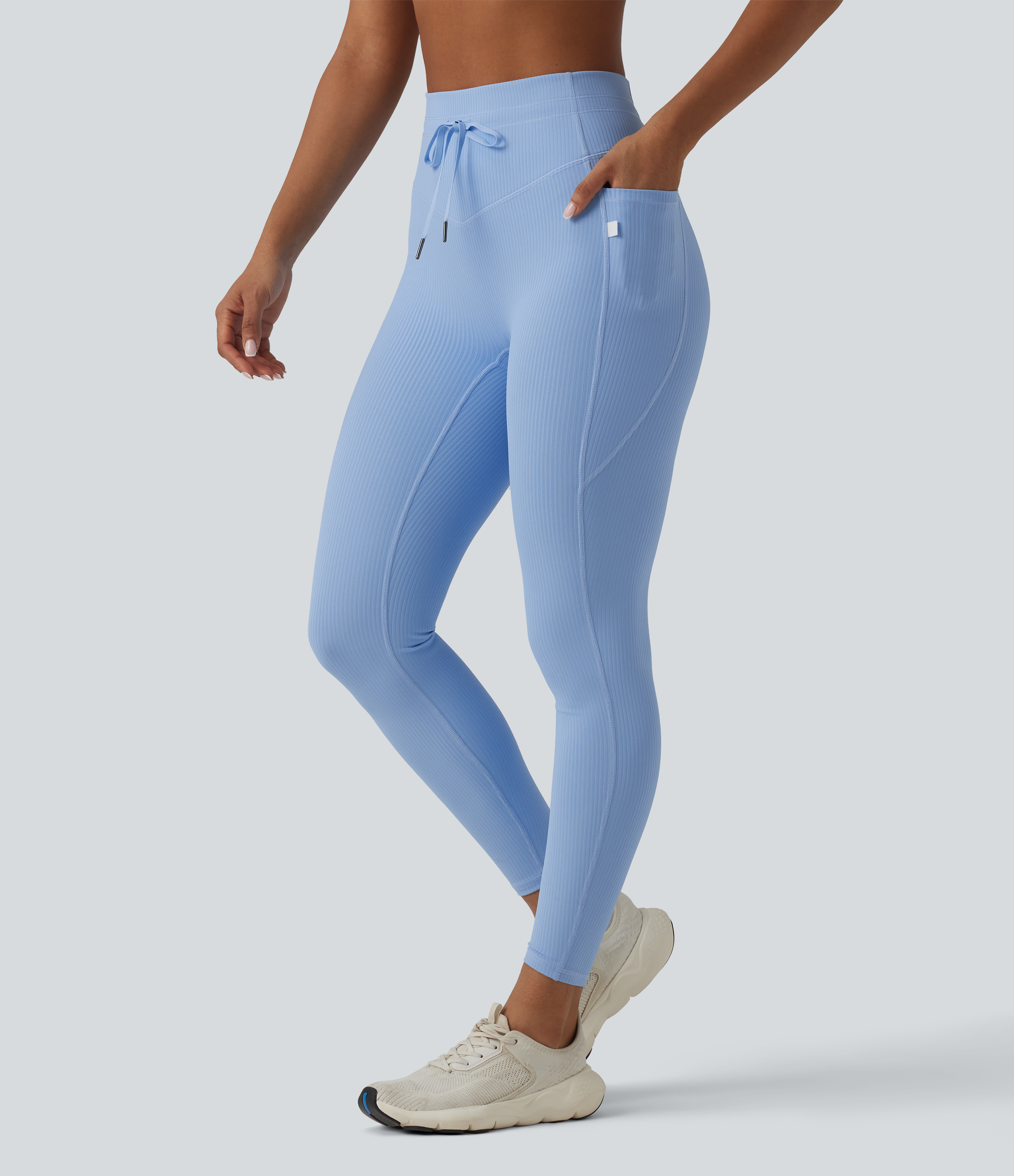 Ribbed Knit High Waisted Drawstring Tummy Control Quick Dry Workout Leggings with Pockets-UPF50+