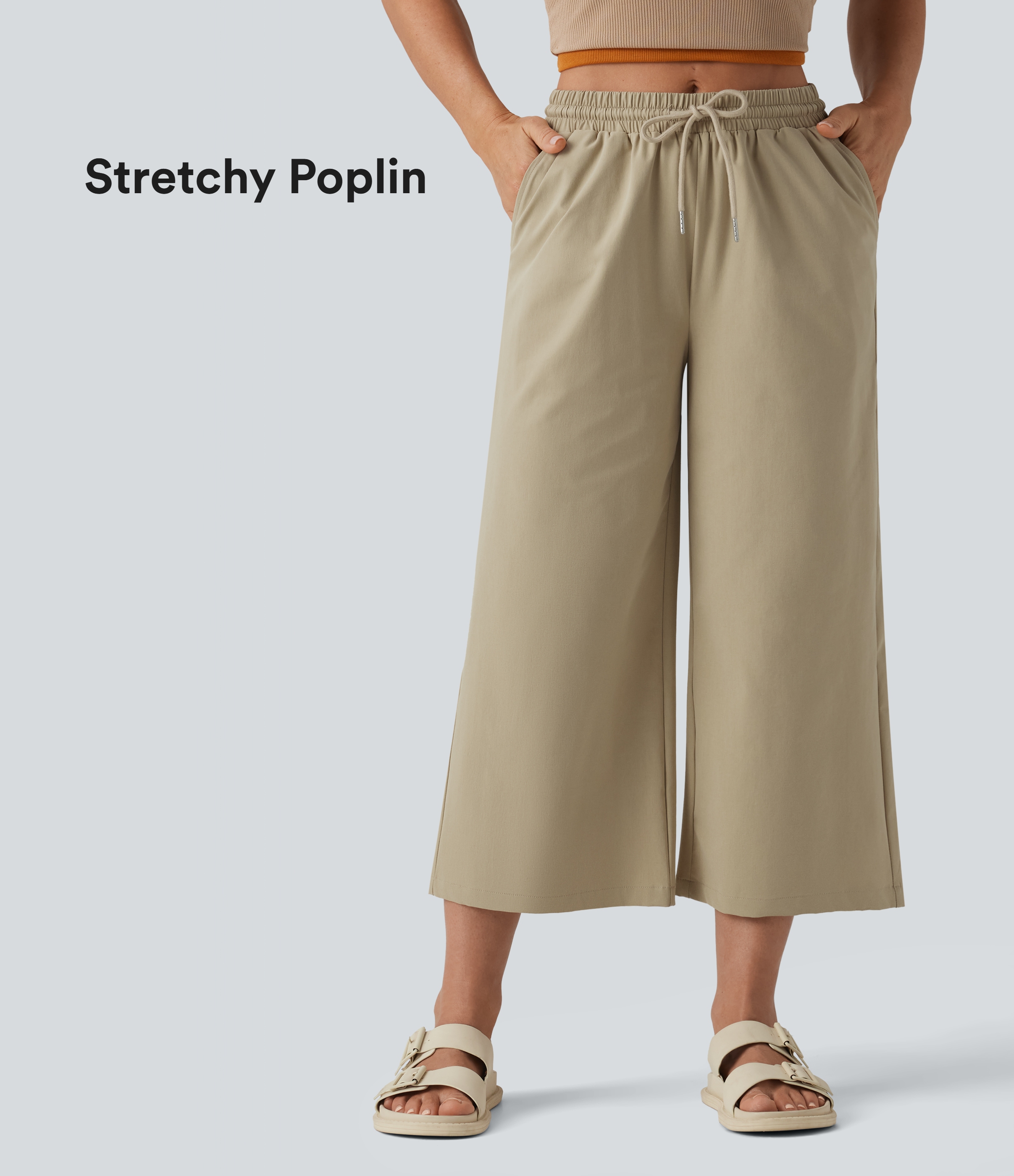 Mid Rise Drawstring Cropped Stretchy Poplin Casual Baggy Trousers with Pockets