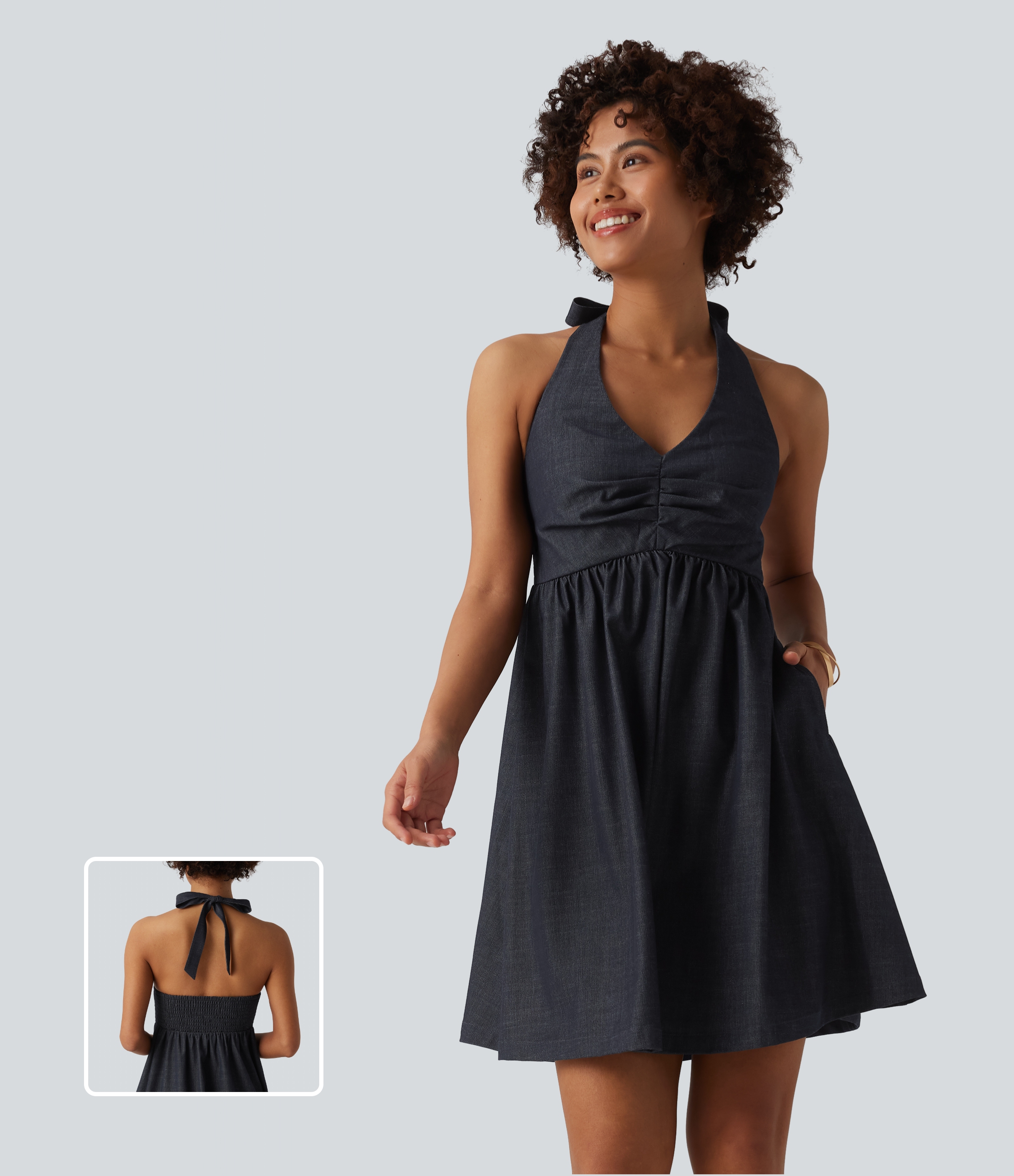 Robe resort dos-nu dos nu à smocks aspect jean avec poches